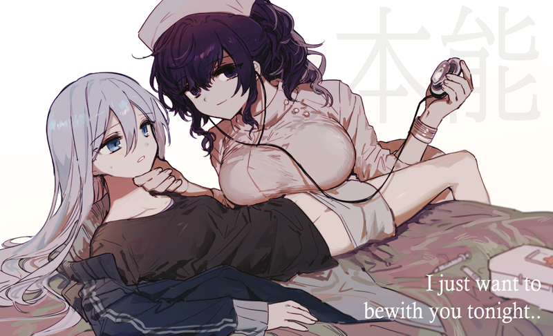 jihecchi, asahina mafuyu, yoisaki kanade, project sekai, 2girls, black shirt, blue eyes, blue jacket, breasts, closed mouth, grey hair, hair between eyes, hand on another's chin, hat, high ponytail, holding, holding syringe, jacket, large breasts, long hair, long sleeves, lying, multiple girls, nurse, nurse cap, on back, open clothes, open jacket, parted lips, ponytail, purple eyes, purple hair, shirt, shorts, sidelocks, simple background, smile, stethoscope, syringe, track jacket, white background, white hair, white shorts, yuri