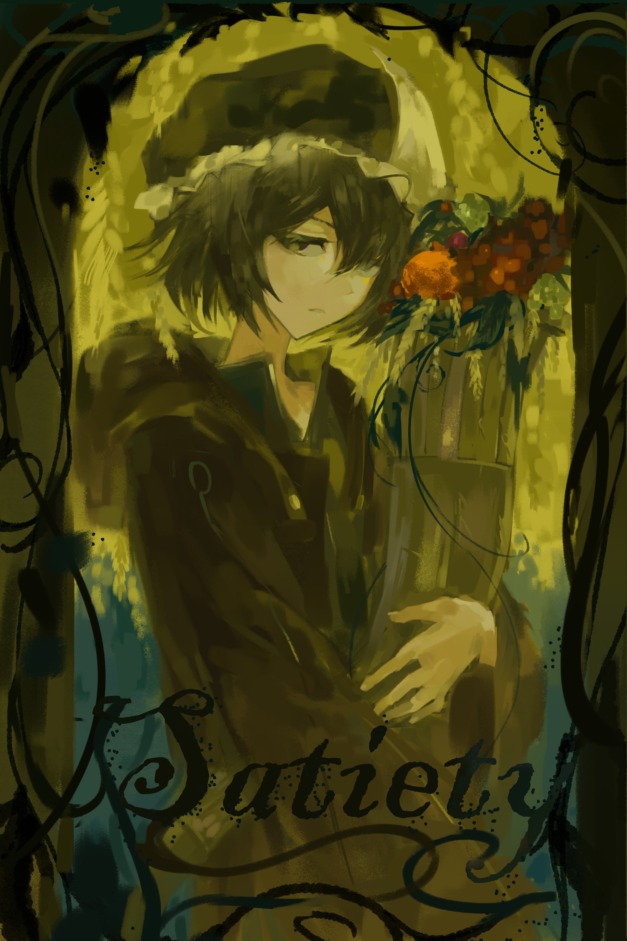 shitodo kuroji, len'en, absurdres, highres, 1other, androgynous, arrow print, black hair, black hat, black shirt, buttons, closed mouth, collared shirt, cowboy shot, day, doorway, english text, expressionless, flower, food, frilled headwear, fruit, hair over one eye, hat, holding vase, hood, hood down, hooded jacket, jacket, light frown, long sleeves, looking at viewer, mob cap, open clothes, open jacket, other focus, outdoors, pink flower, plant, purple eyes, purple jacket, raspberry, shirt, short hair, solo, standing, triangular headpiece, vines, wide sleeves, yancao (pixiv 103434280)