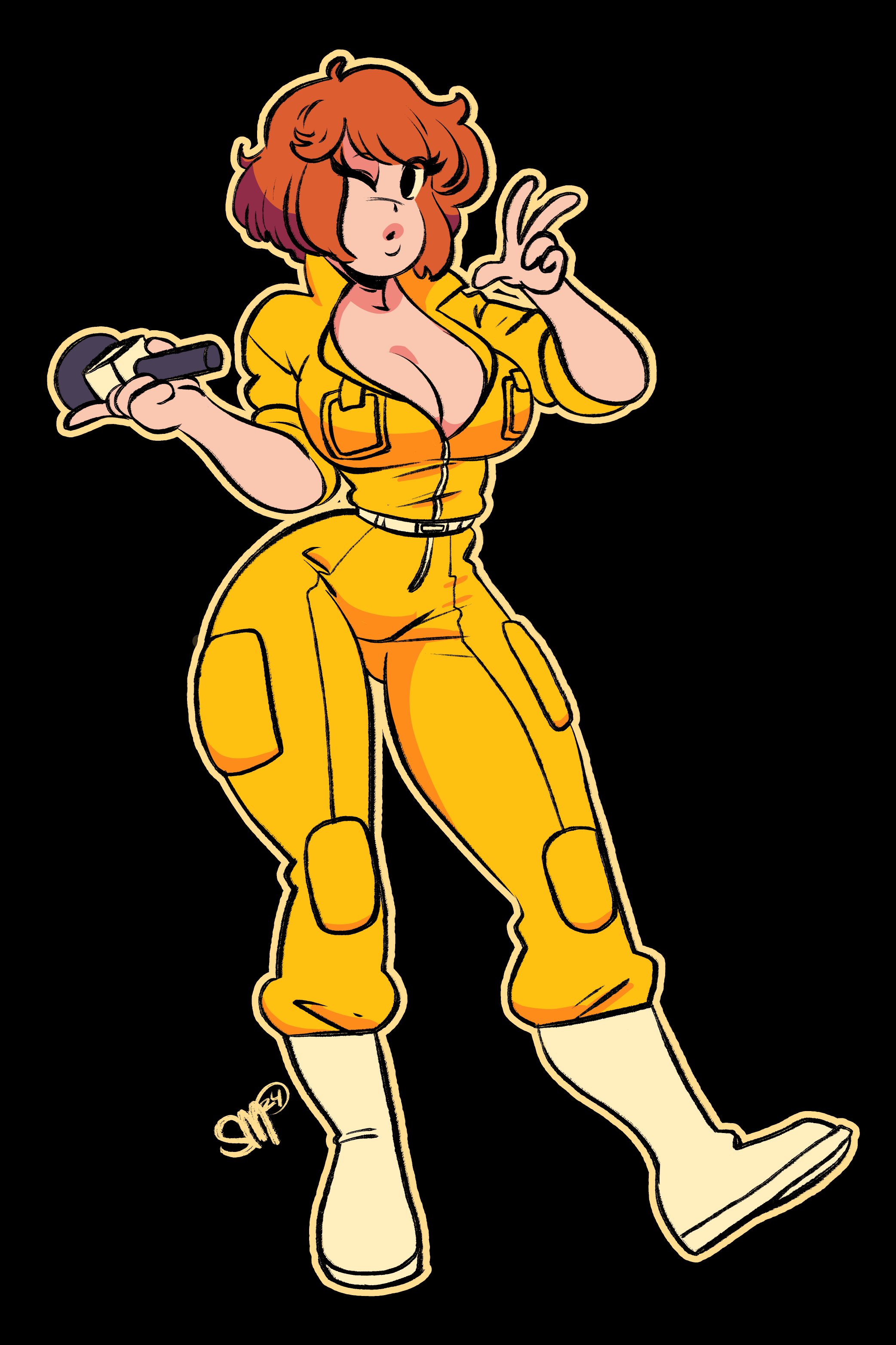 sgtmadness, april o'neil, teenage mutant ninja turtles, absurdres, highres, 1girl, black background, bodysuit, boots, breasts, cleavage, full body, holding, holding microphone, large breasts, looking at viewer, microphone, one eye closed, outline, short hair, signature, simple background, solo, v, white boots, yellow bodysuit, yellow outline