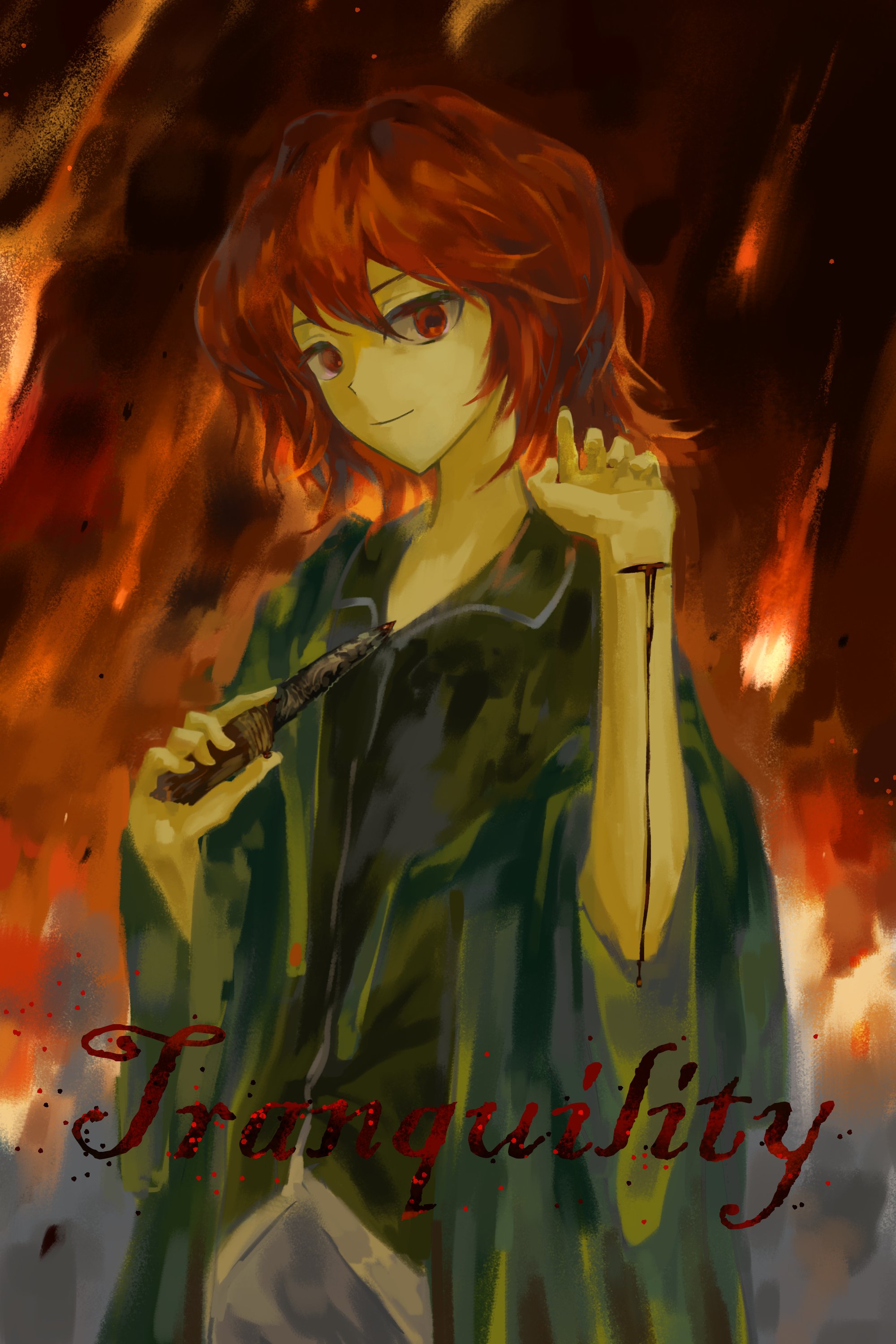 shitodo hooaka, len'en, absurdres, highres, 1other, androgynous, black shirt, blood, blood drip, closed mouth, collared shirt, cowboy shot, embers, english text, fiery background, fire, green jacket, grey shorts, hair between eyes, hand up, holding, holding knife, hood, hood down, hooded jacket, injury, jacket, knife, long sleeves, looking at viewer, meteor, open clothes, open jacket, other focus, red eyes, red hair, self-harm, shirt, short hair, shorts, smile, solo, standing, wide sleeves, yancao (pixiv 103434280), zipper