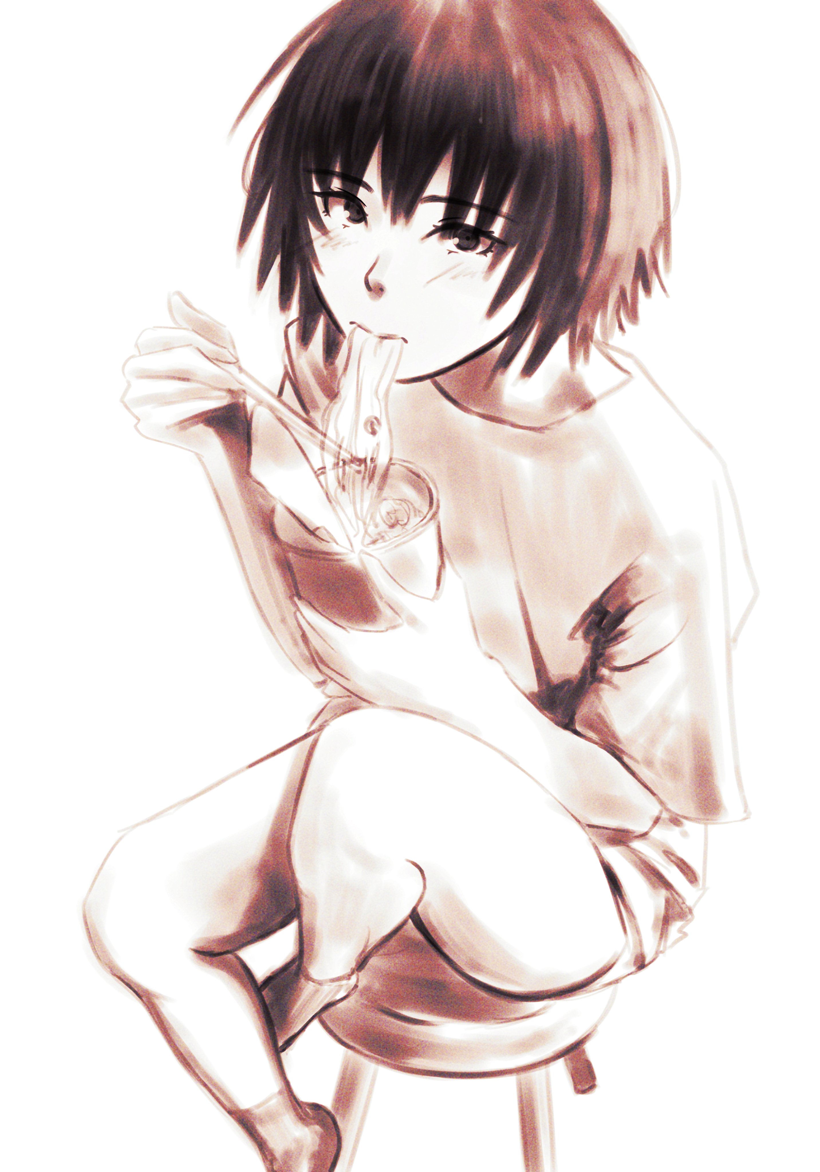 oshizu, nanasaki ai, amagami, absurdres, highres, 1girl, alternate costume, bar stool, black eyes, black hair, chopsticks, cup ramen, eating, food, foot out of frame, greyscale, holding, holding chopsticks, holding food, knee up, light blush, looking at viewer, monochrome, noodles, shirt, short hair, simple background, sitting, socks, solo, stool, thighs, white background