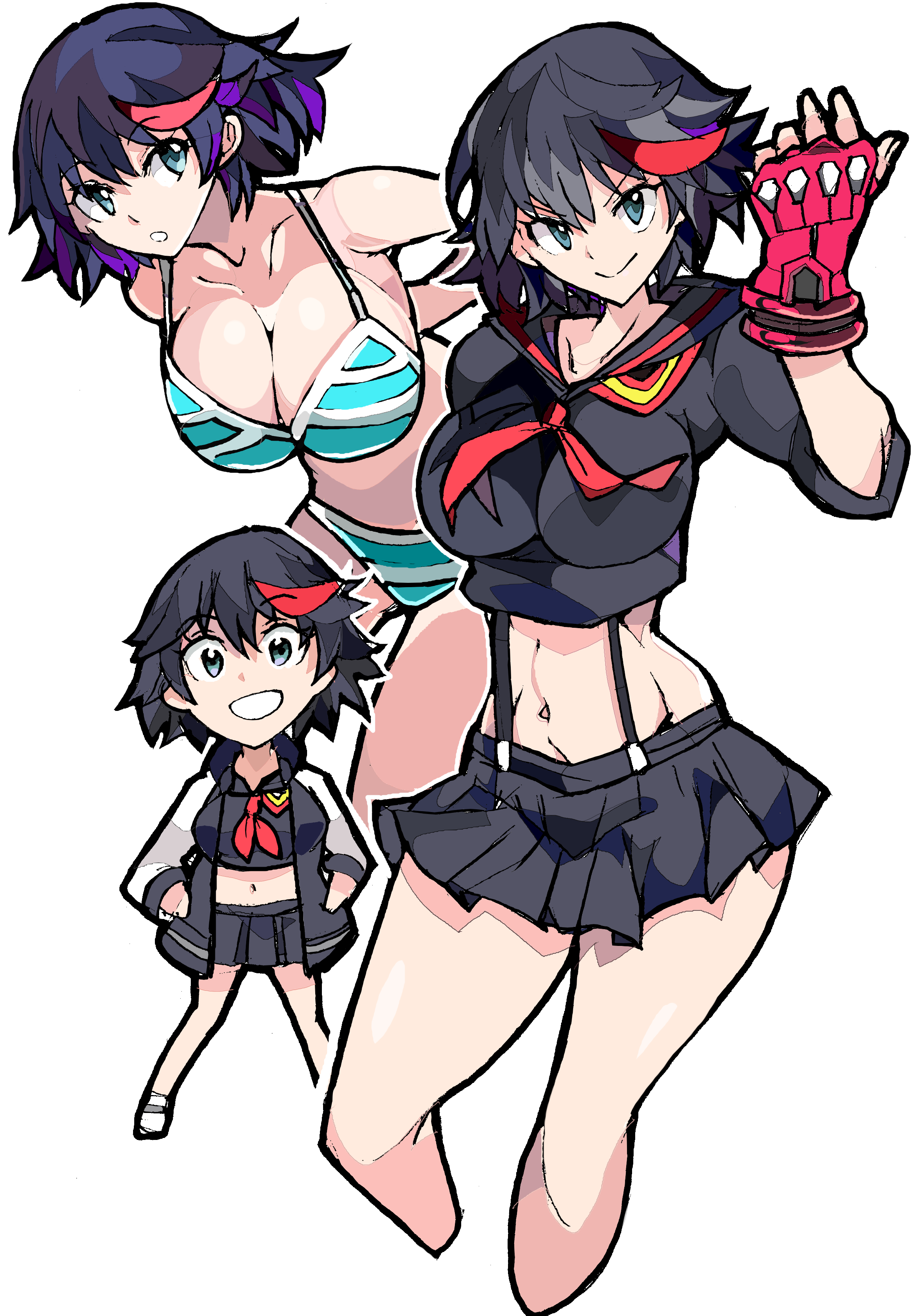 enpe, koshimizu ami, matoi ryuuko, senketsu, kill la kill, 1girl, :o, black hair, blue eyes, bra, breasts, chibi, feet out of frame, fingerless gloves, gloves, hands on pockets, hanging breasts, jacket, large breasts, navel, school uniform, skirt, smile, striped clothes, suspenders, underwear, white background