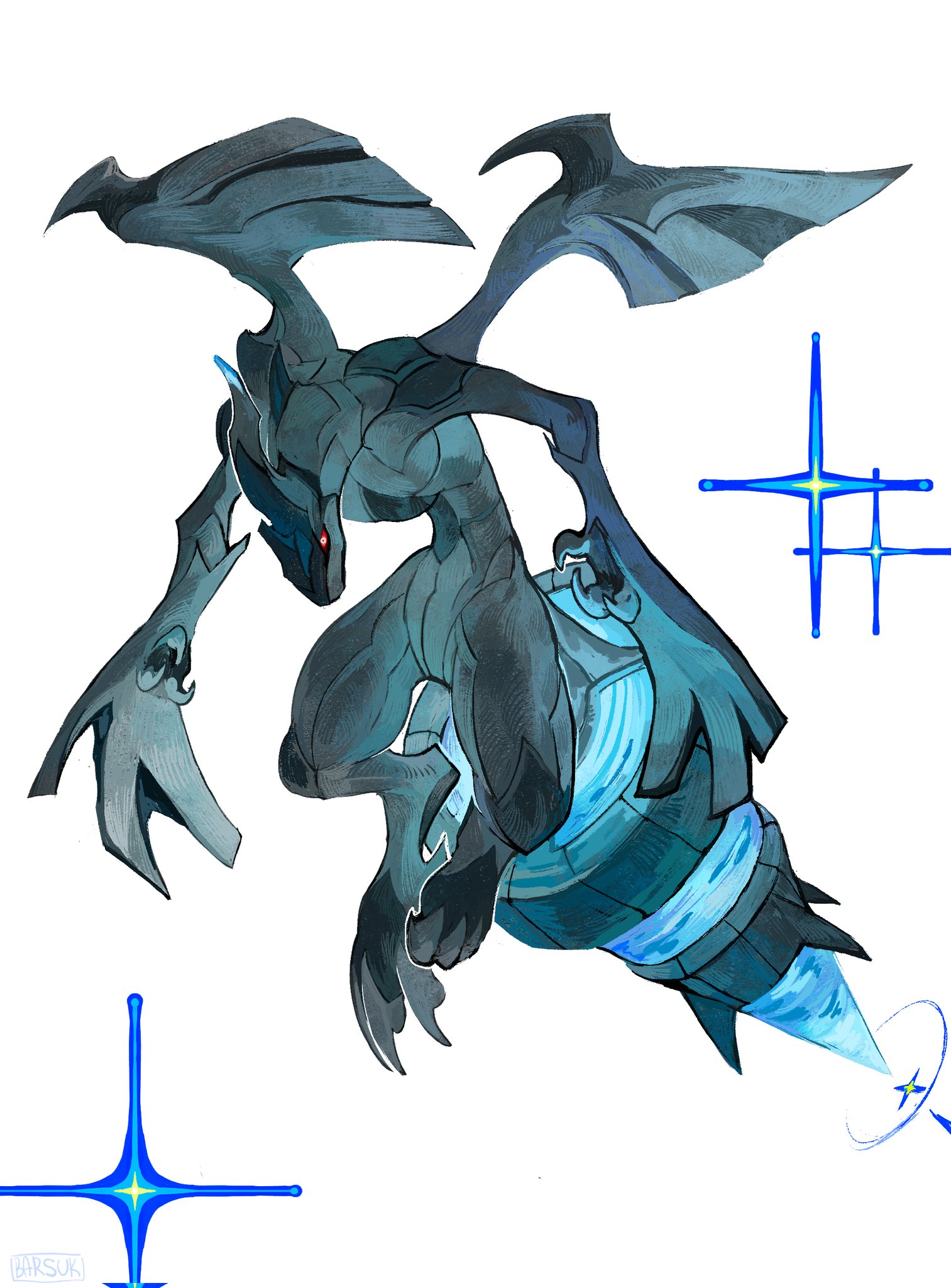 barsuk, zekrom, nintendo, pokemon, highres, claws, full body, gen 5 pokemon, legendary pokemon, no humans, pokemon (creature), red eyes, simple background, solo, sparkle, white background, wings