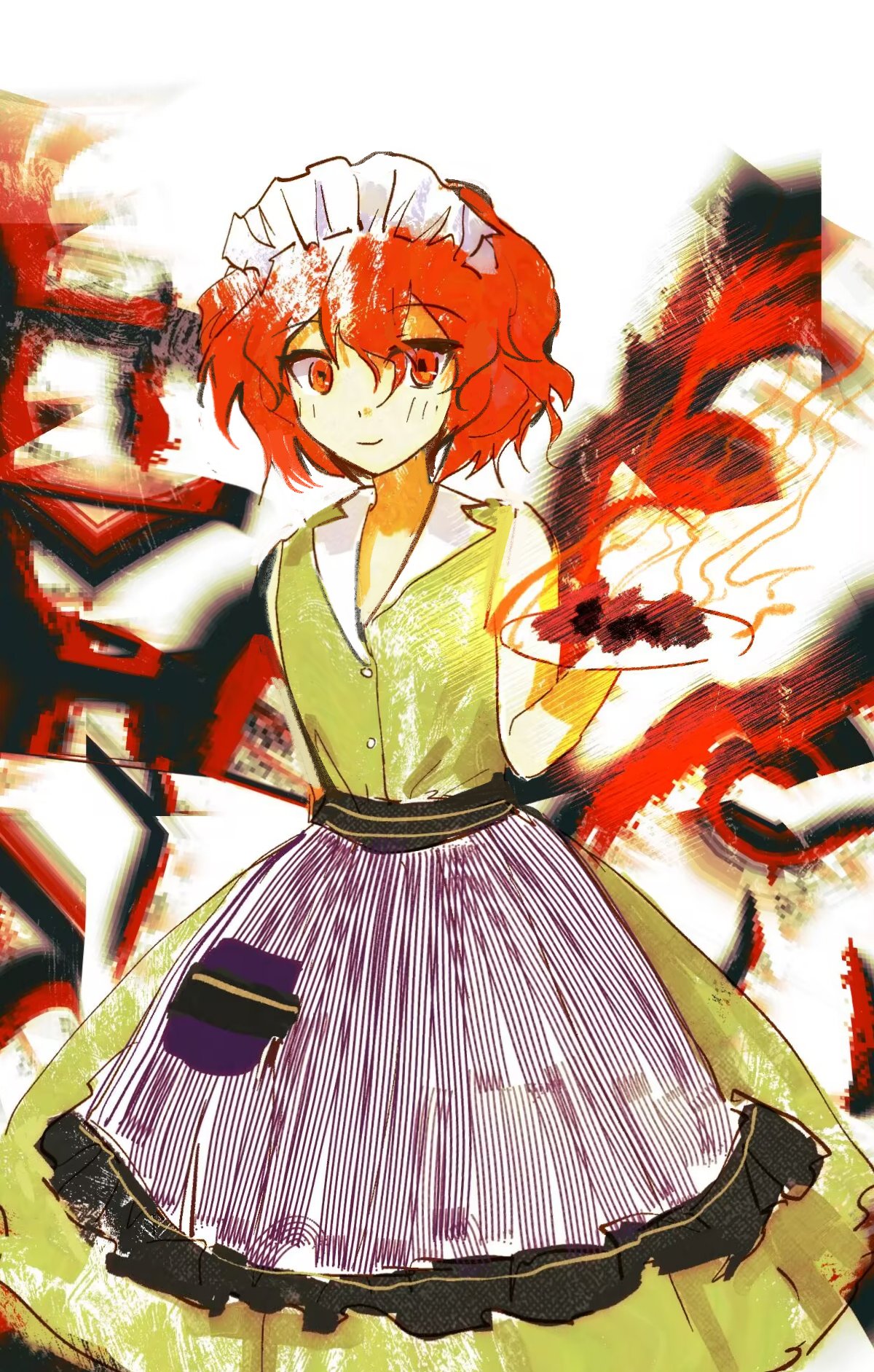 shitodo hooaka, book of the cafe, len'en, commentary request, highres, 1other, abstract background, alternate costume, androgynous, apron, bare arms, bare shoulders, burning, buttons, closed mouth, collared dress, cowboy shot, dot nose, dress, enmaided, food, frilled apron, frills, green dress, hair between eyes, happy, holding, holding plate, lapels, light blush, looking at viewer, maid, maid headdress, notched lapels, other focus, plate, pocket, purple apron, red eyes, red hair, short dress, short hair, sleeveless, sleeveless dress, smile, solo, standing, striped apron, striped clothes, vertical-striped apron, vertical-striped clothes, waist apron, white background, yancao (pixiv 103434280)