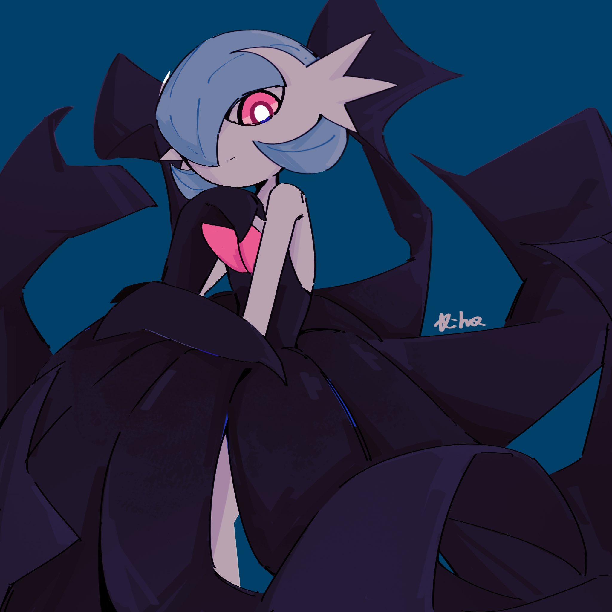 uuuuuuumbreon, gardevoir, mega gardevoir, nintendo, pokemon, highres, 1girl, alternate color, artist name, bare shoulders, black dress, black gloves, blue background, blue hair, bob cut, bright pupils, closed mouth, colored skin, dress, elbow gloves, flat chest, gen 3 pokemon, gloves, hair over one eye, hand up, looking at viewer, mega pokemon, pink eyes, pokemon creature, red eyes, shiny pokemon, short hair, signature, simple background, solo, standing, strapless, strapless dress, white pupils, white skin