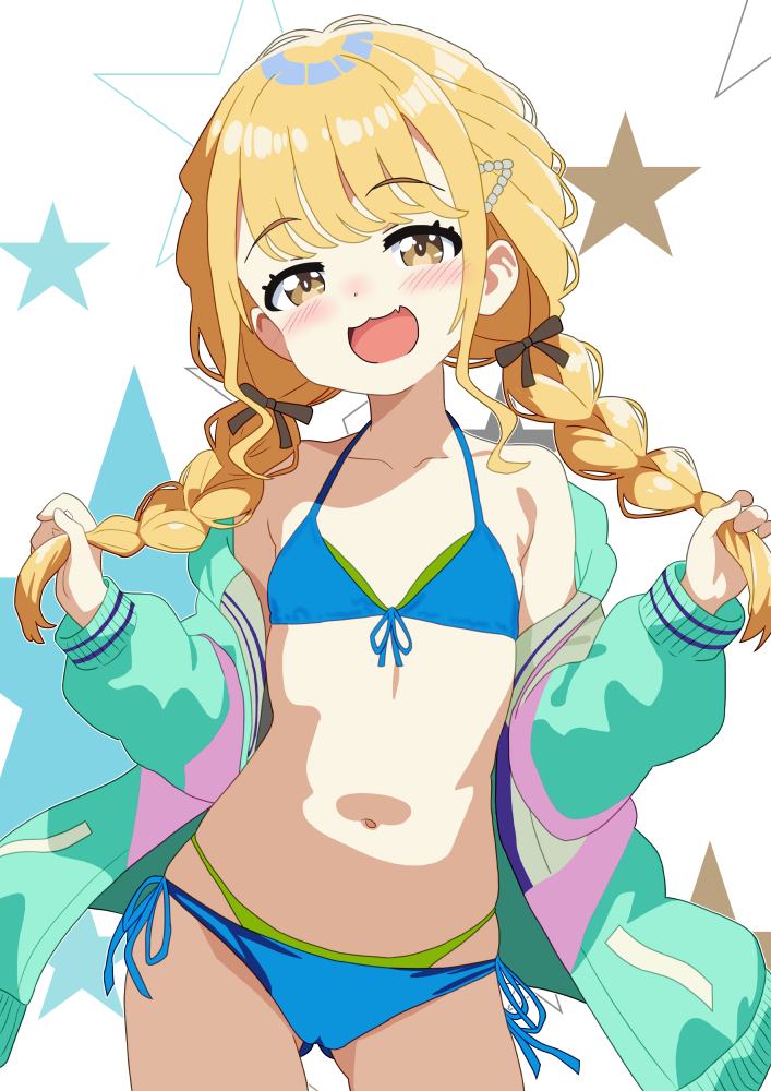 mizusaki johnko, fujita kotone, gakuen idolmaster, idolmaster, 1girl, :3, bikini, blonde hair, blue bikini, braid, flat chest, front-tie bikini top, front-tie top, gluteal fold, green bikini, layered bikini, looking at viewer, navel, open mouth, side-tie bikini bottom, solo, stomach, swimsuit, twin braids, yellow eyes