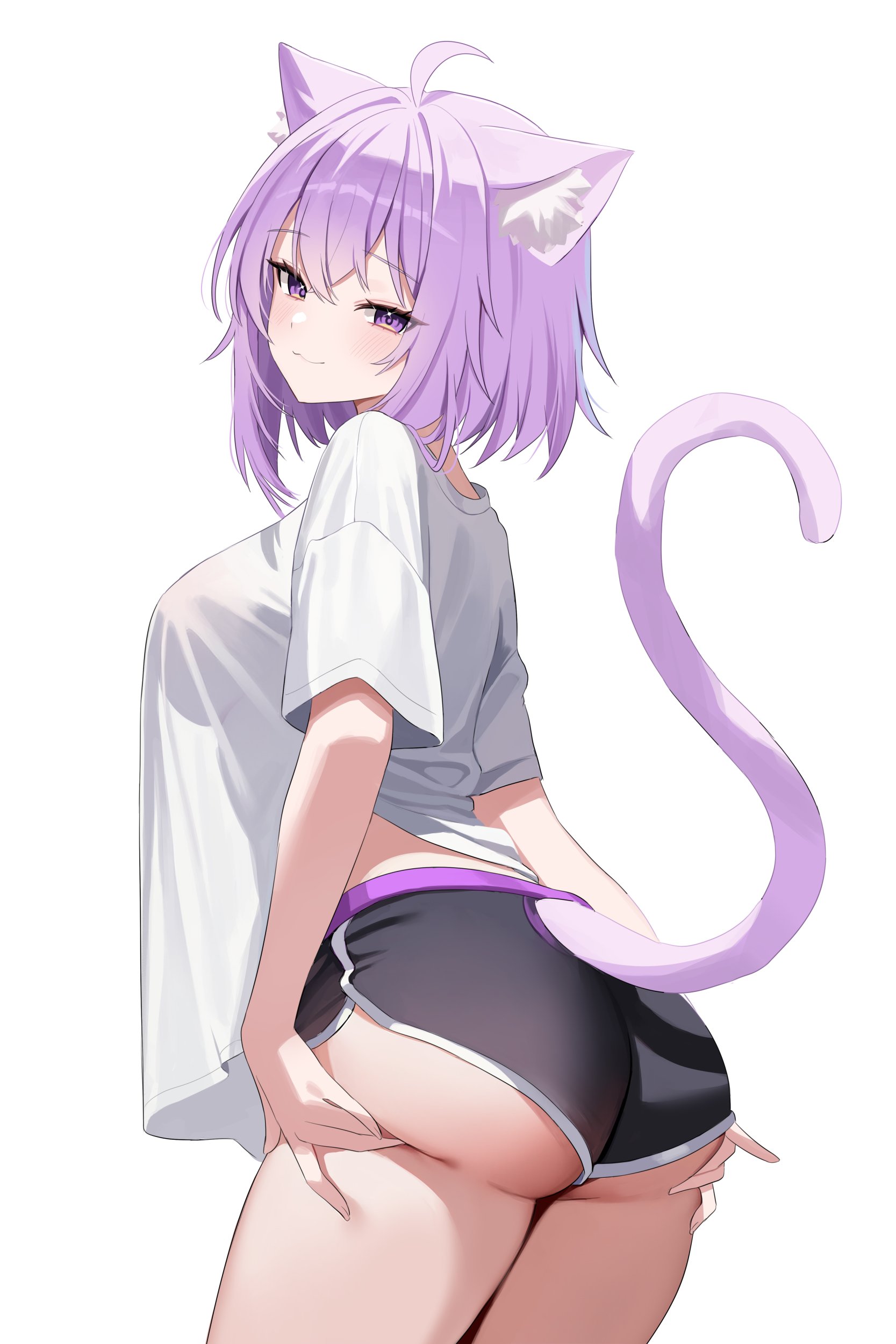 nannung, nekomata okayu, hololive, absurdres, highres, 1girl, animal ears, ass, black shorts, breasts, cat ears, cat girl, cat tail, looking at viewer, medium breasts, purple hair, shirt, short hair, shorts, simple background, solo, tail, virtual youtuber, white background, white shirt