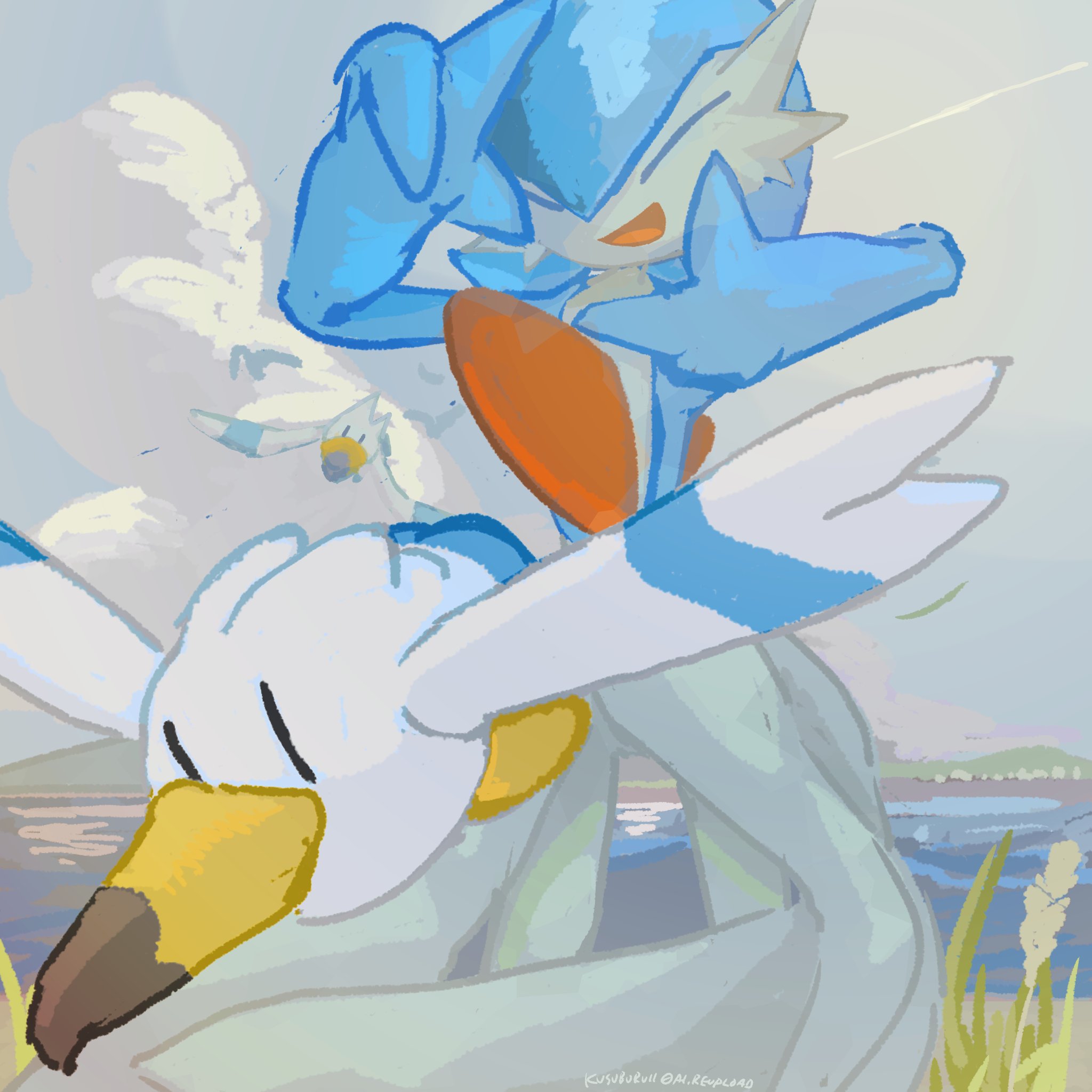 kusuburu11, gardevoir, wingull, nintendo, pokemon, highres, ^ ^, alternate color, arm up, arms up, artist name, bird, black eyes, blue hair, blue skin, blue sky, bob cut, closed eyes, cloud, colored skin, day, flat chest, flying, gen 3 pokemon, grass, hand up, hands up, happy, horizon, multicolored skin, open mouth, outdoors, pokemon (creature), shiny pokemon, short hair, sketch, sky, smile, standing, twitter username, two-tone skin, water, white skin
