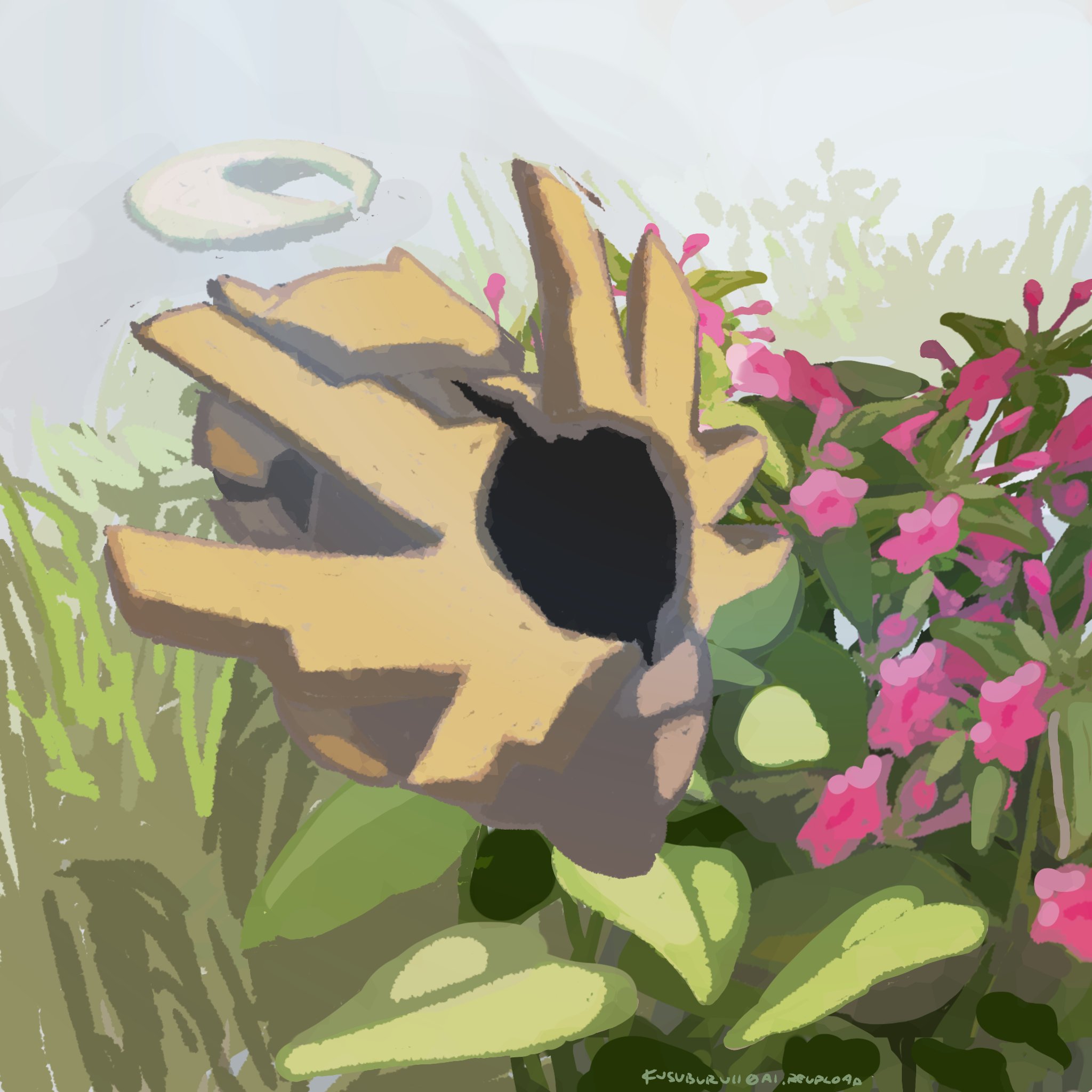 kusuburu11, shedinja, nintendo, pokemon, highres, artist name, closed eyes, day, flower, full body, gen 3 pokemon, grass, halo, no humans, outdoors, pink flower, plant, pokemon (creature), solo, twitter username