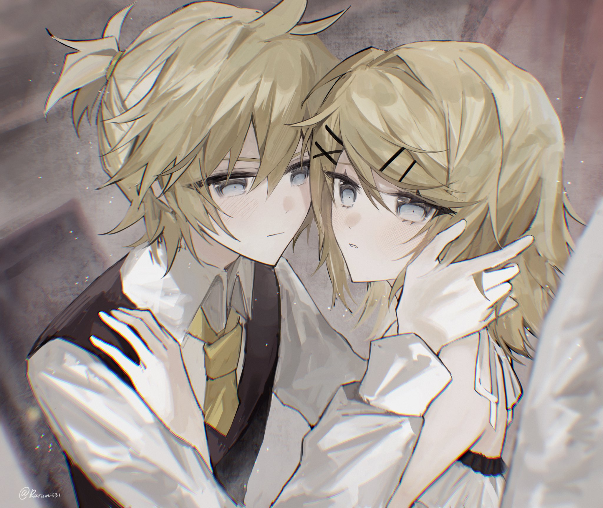 shiruru531, kagamine len, kagamine rin, adolescence (vocaloid), vocaloid, highres, 1boy, 1girl, bare shoulders, blonde hair, blue eyes, brother and sister, camisole, collared shirt, curtains, dress, expressionless, face-to-face, frilled camisole, frills, hair ornament, hairclip, hand on another's face, hand on another's shoulder, heads together, looking at another, necktie, parted lips, ponytail, shirt, short hair, short ponytail, siblings, spaghetti strap, twins, twitter username, upper body, vest, white camisole, white shirt, wings, x hair ornament, yellow necktie