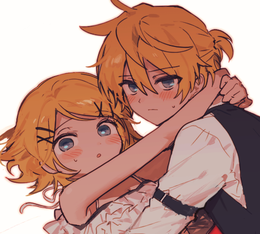 jihecchi, kagamine len, kagamine rin, adolescence (vocaloid), vocaloid, 1boy, 1girl, :o, arms around neck, bare shoulders, blonde hair, blue eyes, blush, brother and sister, camisole, dress, frilled camisole, frilled dress, frills, hair ornament, hairclip, half-closed eyes, hug, looking at viewer, lying, on back, ponytail, shirt, short hair, short ponytail, siblings, simple background, sleeveless, spaghetti strap, sweatdrop, swept bangs, twins, upper body, vest, white background, white camisole, white shirt, x hair ornament