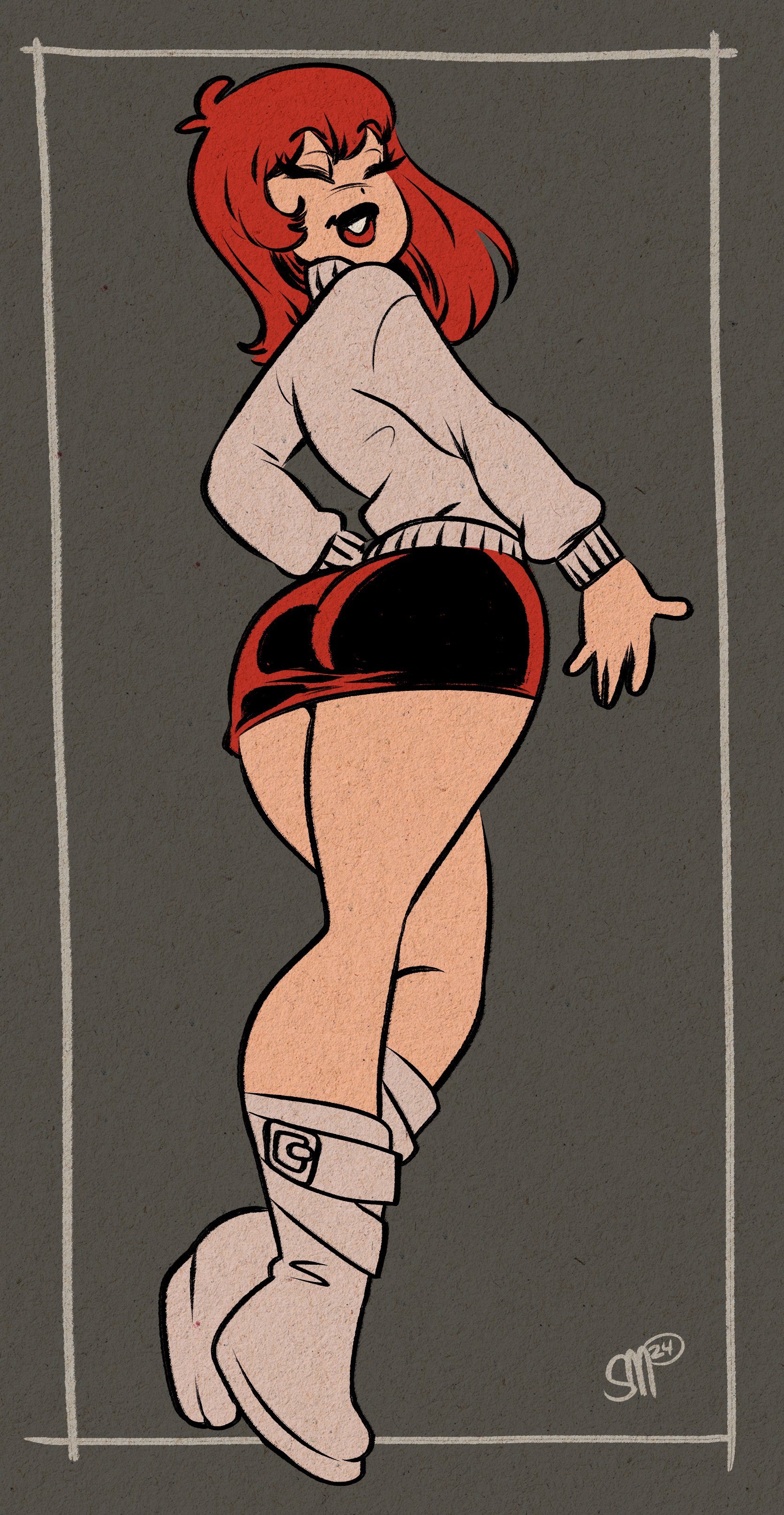 sgtmadness, absurdres, highres, 1girl, archie (comic), boots, cheryl blossom, closed eyes, dan decarlo (style), full body, grey background, looking at viewer, miniskirt, red hair, red skirt, retro artstyle, signature, skirt, solo, sweater, white boots, white sweater