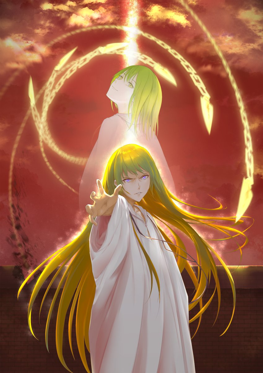 vii (joshuayuen), enkidu (fate), kingu (fate), fate/grand order, fate (series), highres, 2others, brick wall, chain, cloud, green hair, long hair, long sleeves, looking at viewer, multiple others, outstretched arm, parted lips, purple eyes, red sky, sky, very long hair, yellow eyes