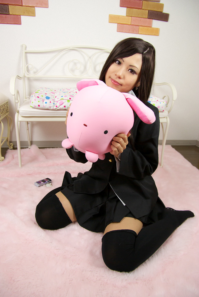 katsura kotonoha, school days, photo (medium), blazer, cellphone, cosplay, kisaki kureha, phone, pleated skirt, school uniform, skirt, stuffed animal, stuffed toy, thighhighs, zettai ryouiki