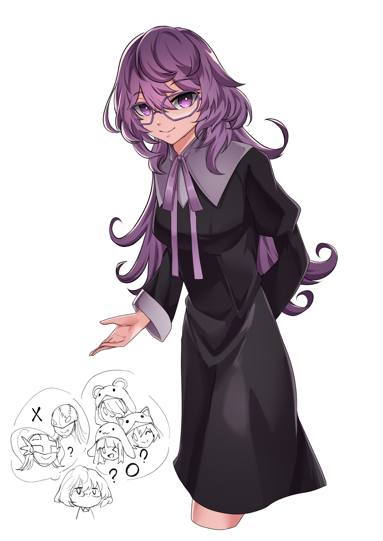hisuikouha, angewomon, ladydevimon, mikagura mirei, sistermon blanc, sistermon ciel, sistermon noir, digimon, digimon story: time stranger, digimon world re:digitize, highres, 1girl, black dress, chibi, chibi inset, cowboy shot, dress, glasses, long hair, purple eyes, purple hair, simple background, solo, speech bubble, thought bubble, white background