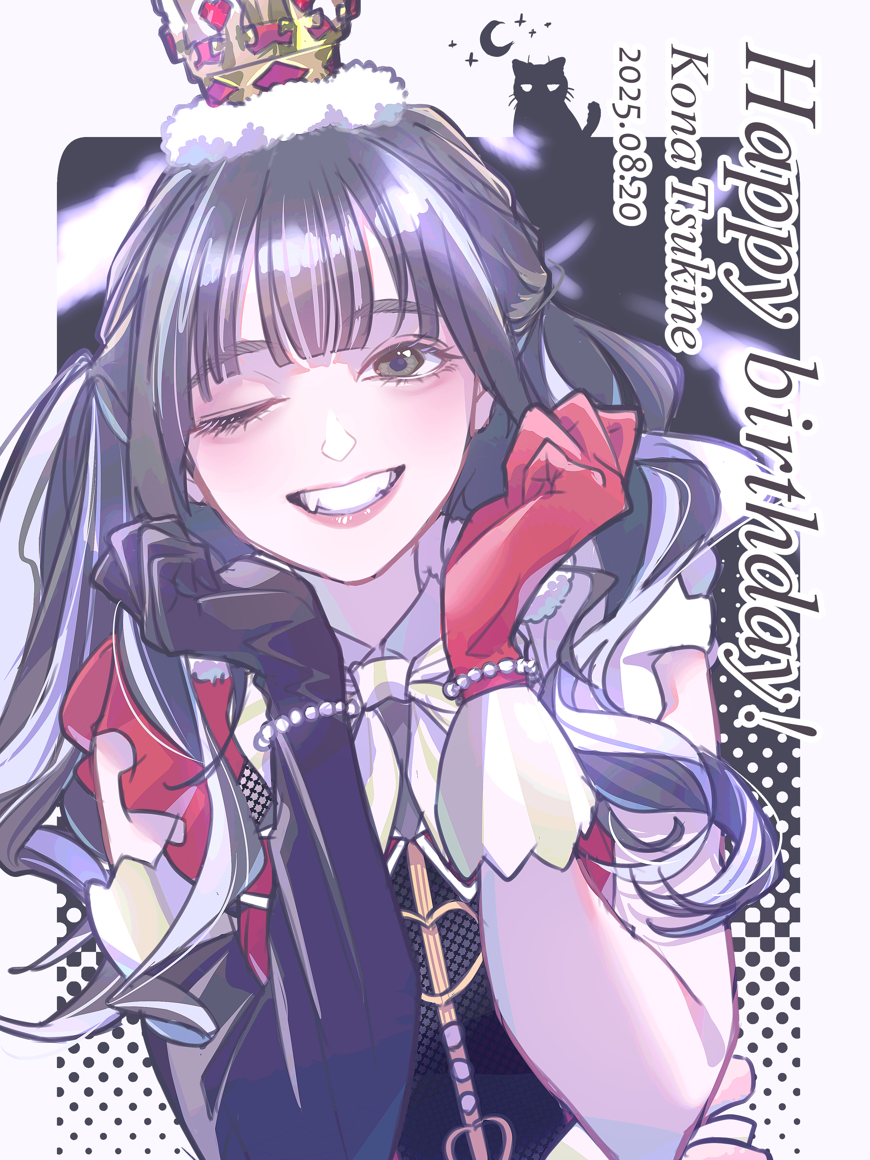 kirisaki nuko, fujishima megumi, tsukine kona, link! like! love live!, love live!, real life, absurdres, commentary request, highres, 1girl, ;d, animification, asymmetrical gloves, black background, black gloves, black hair, border, cat, character name, clenched hands, cosplay, crescent, crown, dated, elbow gloves, fang, fujishima megumi (cosplay), gloves, grey eyes, grin, halftone, halftone background, happy birthday, long hair, looking at viewer, mismatched gloves, one eye closed, open mouth, outside border, red crown, red gloves, single elbow glove, smile, solo, two side up, uneven gloves, voice actor, voice actor connection, white border, zenhoi kyun