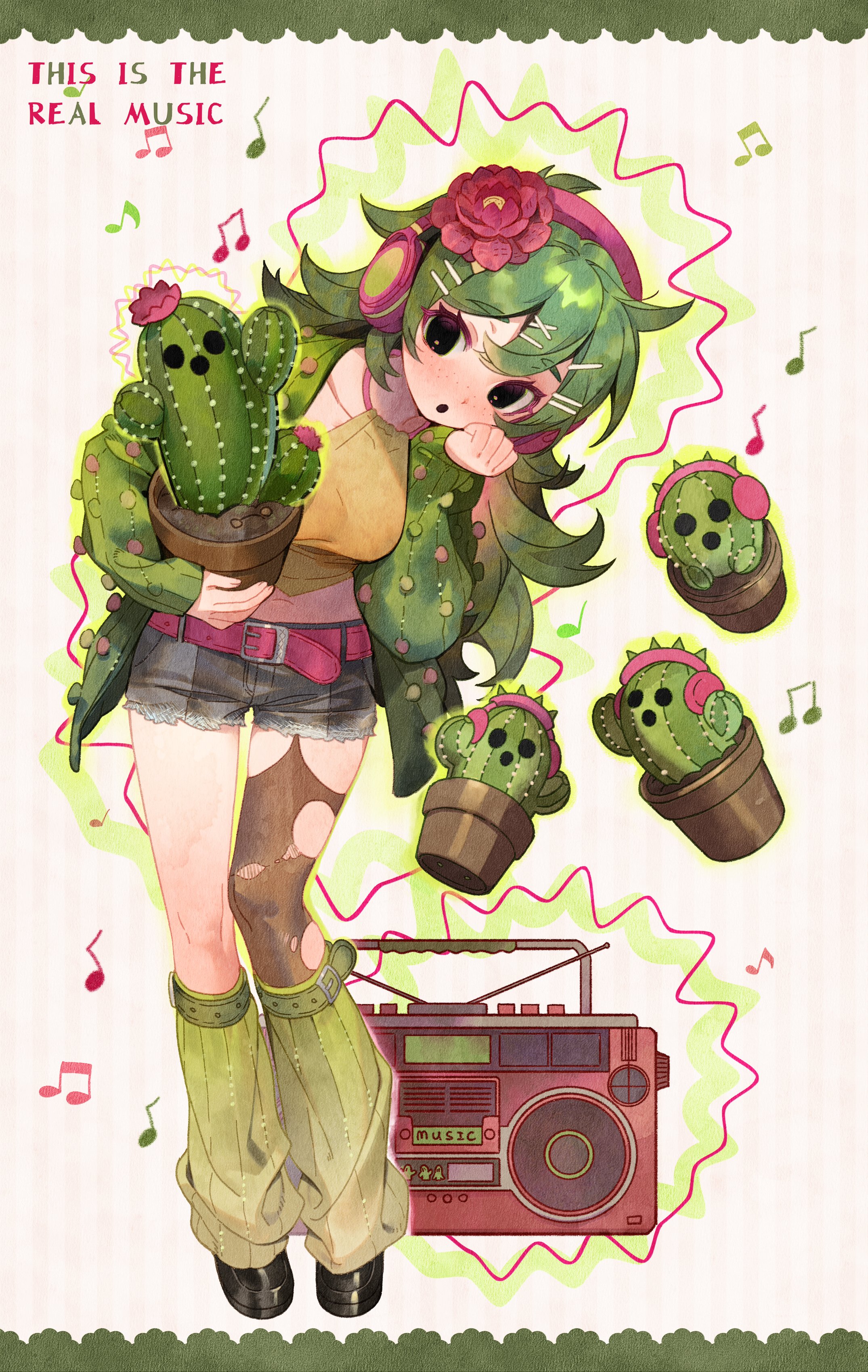 harrymiao, original, absurdres, commentary request, highres, 1girl, belt, black eyes, black shoes, blush, boombox, breasts, brown thighhighs, cactus, cactus girl, cardigan, crop top, denim, denim shorts, earphones, flower, flower pot, freckles, green cardigan, green hair, green leg warmers, hair between eyes, hair ornament, hairclip, holding, holding flower pot, leg warmers, long hair, long sleeves, medium breasts, music, musical note, open cardigan, open clothes, open mouth, parted lips, pink flower, shoes, short shorts, shorts, simple background, solo, thighhighs, torn clothes, torn thighhighs