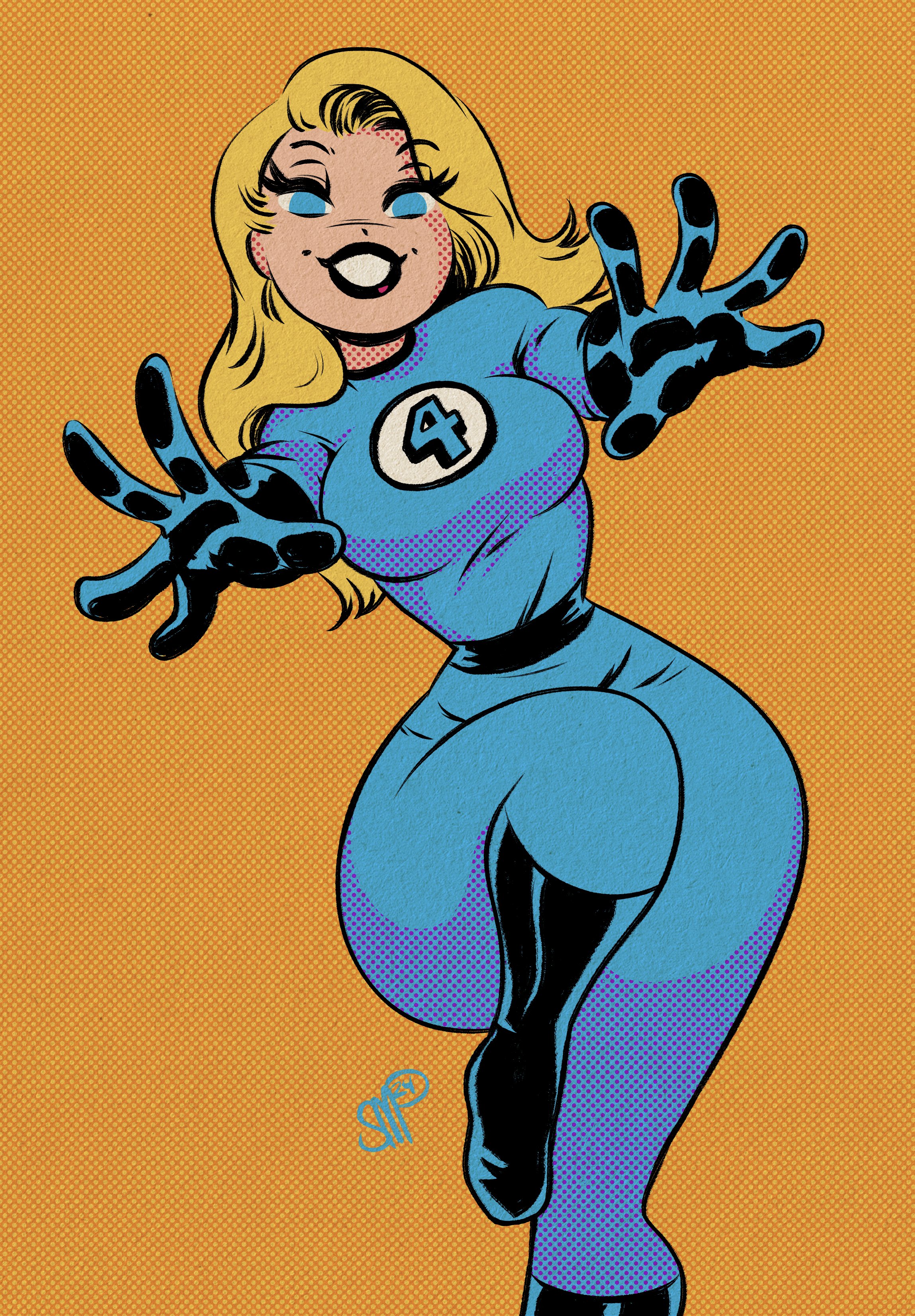 sgtmadness, sue storm, fantastic four, marvel, absurdres, highres, 1girl, ben-day dots, black boots, black gloves, blonde hair, blue bodysuit, bodysuit, boots, breasts, dan decarlo (style), gloves, long hair, looking at viewer, medium breasts, orange background, retro artstyle, screentones, signature, solo