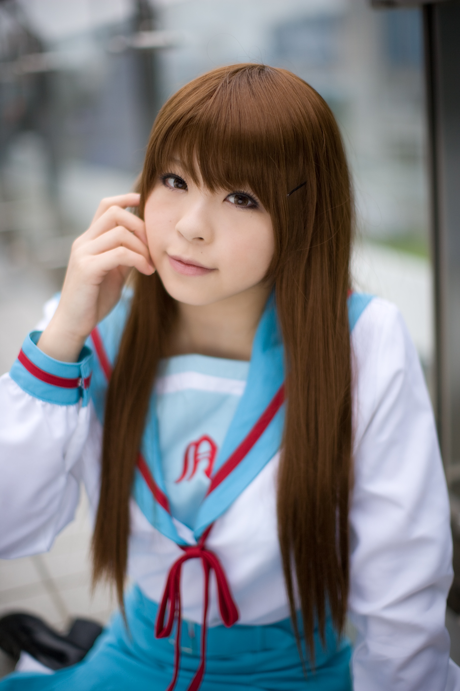katou mari, asahina mikuru, suzumiya haruhi no yuuutsu, highres, photo (medium), cosplay, sailor, school uniform, serafuku