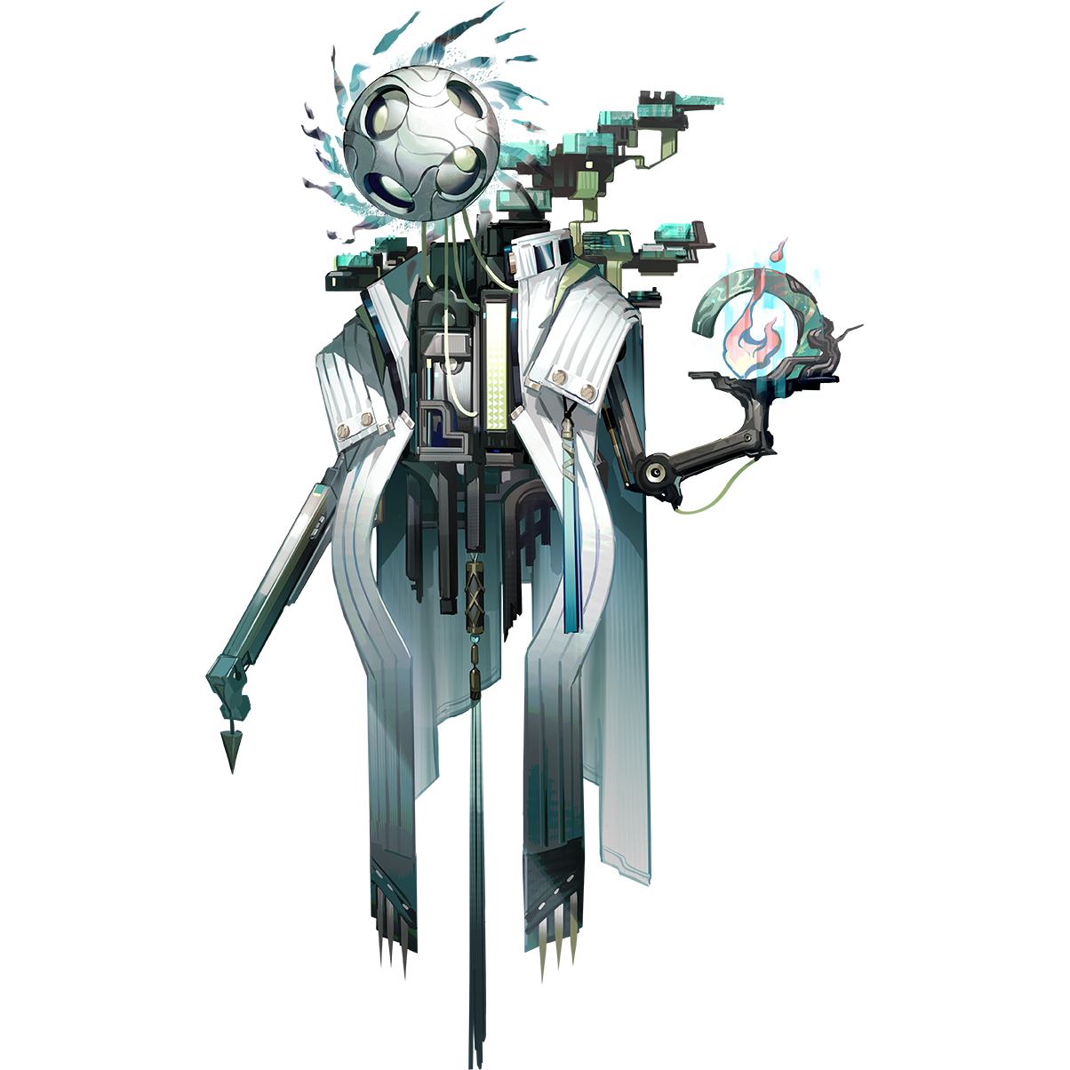 arknights, highres, official art, third-party source, 1boy, floating, full body, green theme, humanoid robot, jacket, liang (arknights), male focus, mechanical arms, robot, simple background, solo, tachi-e, transparent background, white jacket