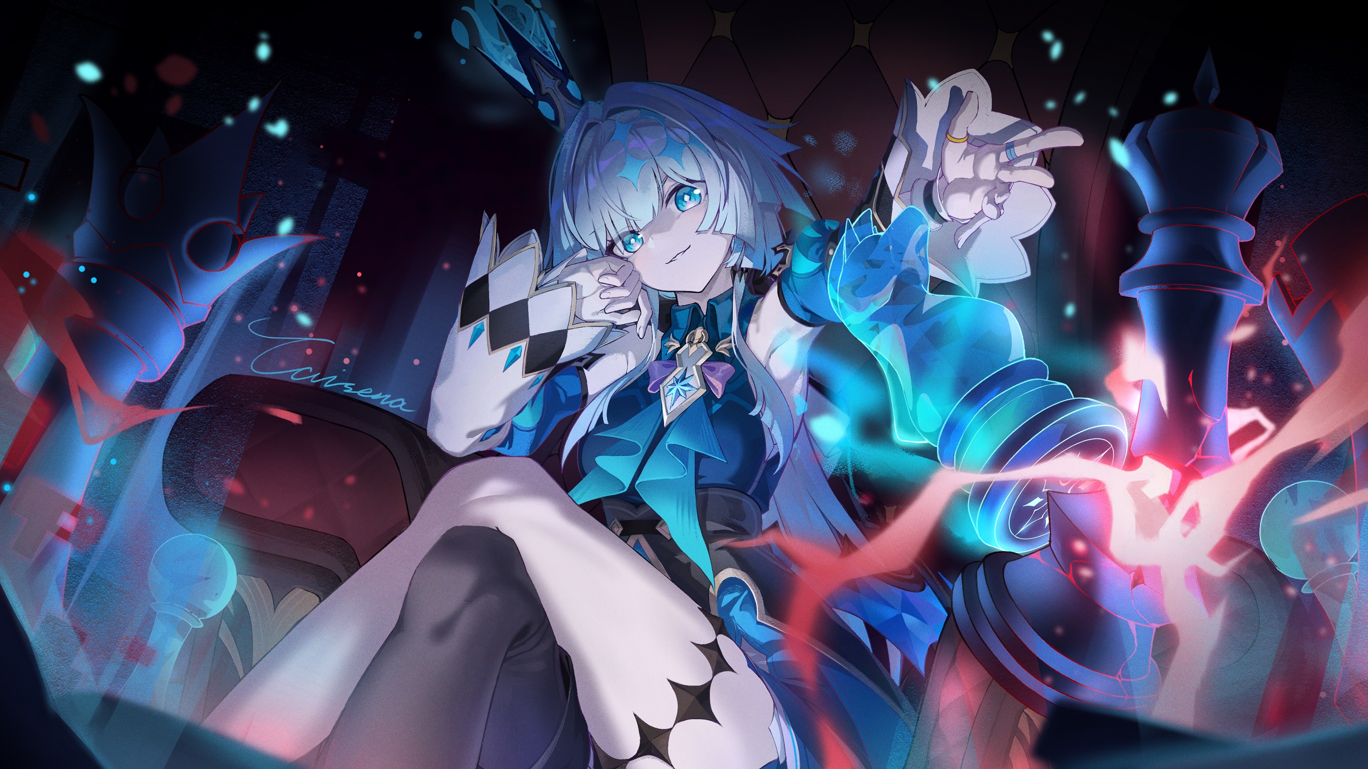 caisena, cerydra (honkai: star rail), honkai: star rail, honkai (series), highres, 1girl, aqua eyes, asymmetrical footwear, blue dress, blue eyes, blue hair, chess piece, couch, crossed legs, crown, detached sleeves, dress, hair intakes, holding, king (chess), long hair, looking at viewer, mini crown, on couch, pawn (chess), sitting, smile, solo, uneven footwear
