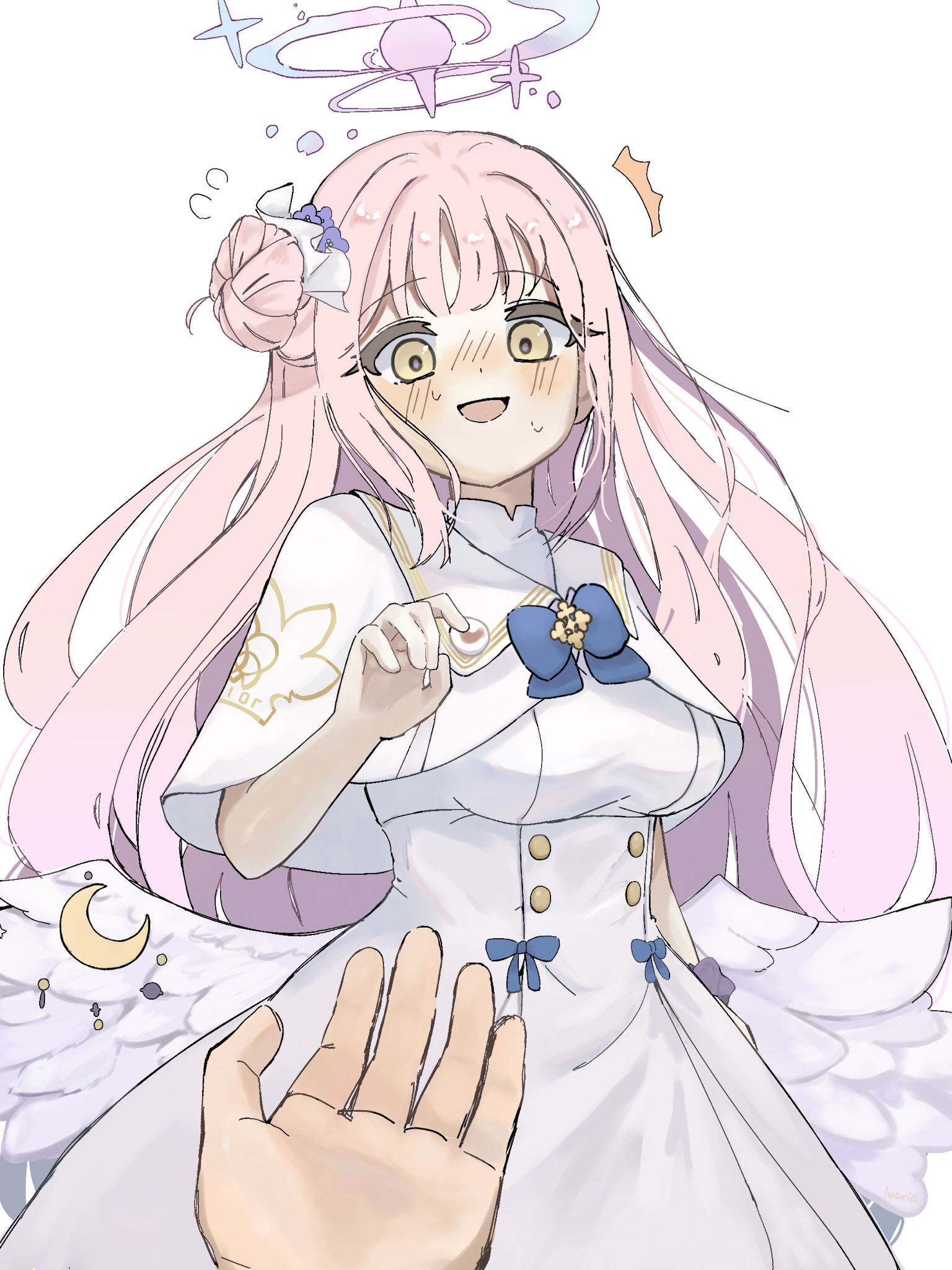 mika (blue archive), sensei (blue archive), blue archive, commentary request, highres, 1girl, 1other, blue bow, blush, bow, breasts, double bun, dress, feathered wings, flower, gradient hair, hair bun, hair flower, hair ornament, halo, long hair, looking at viewer, lucria, medium breasts, multicolored hair, open mouth, pink hair, pov, pov hands, purple flower, simple background, single side bun, solo focus, sweat, very long hair, white background, white dress, wing ornament, wings, yellow eyes