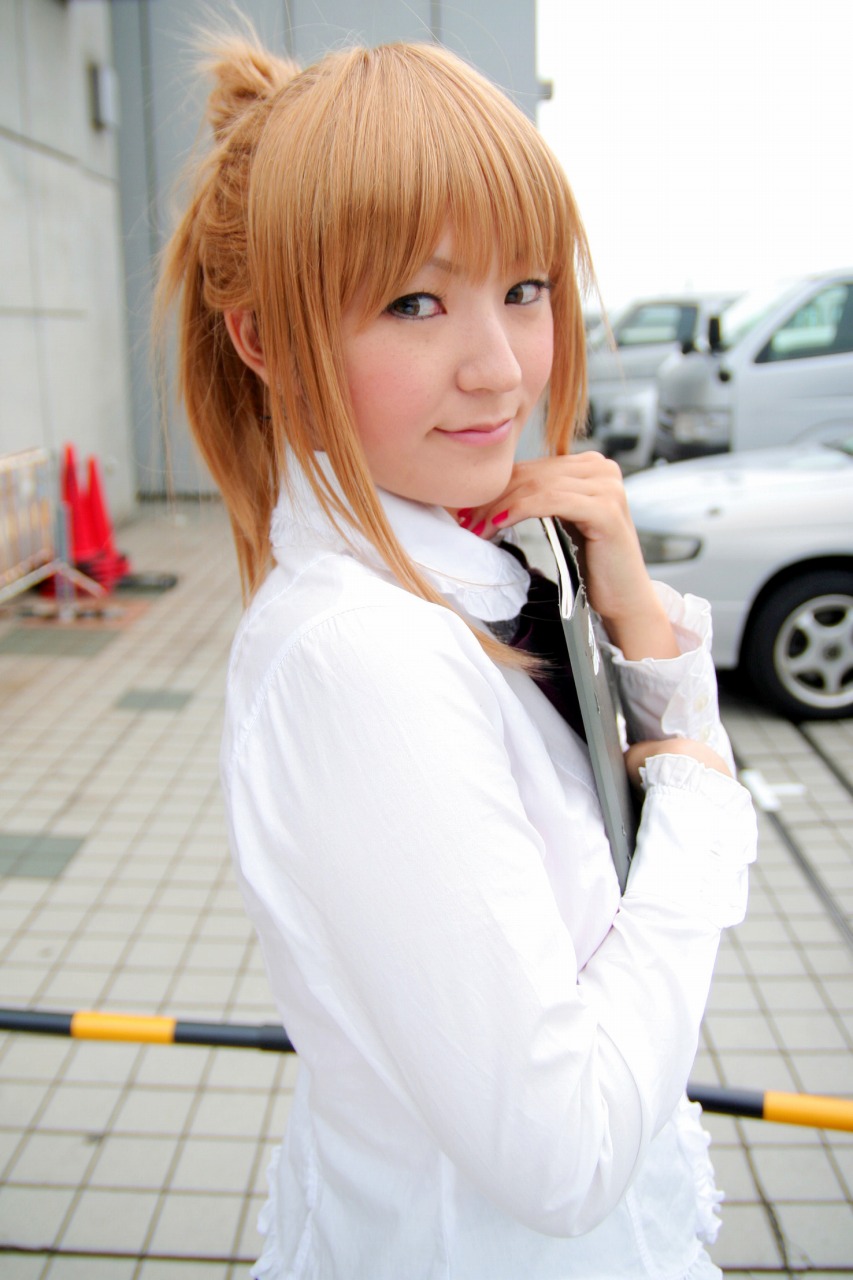 character request, highres, photo (medium), source request, asakura yuko, blonde hair, clipboard, cosplay, lab coat