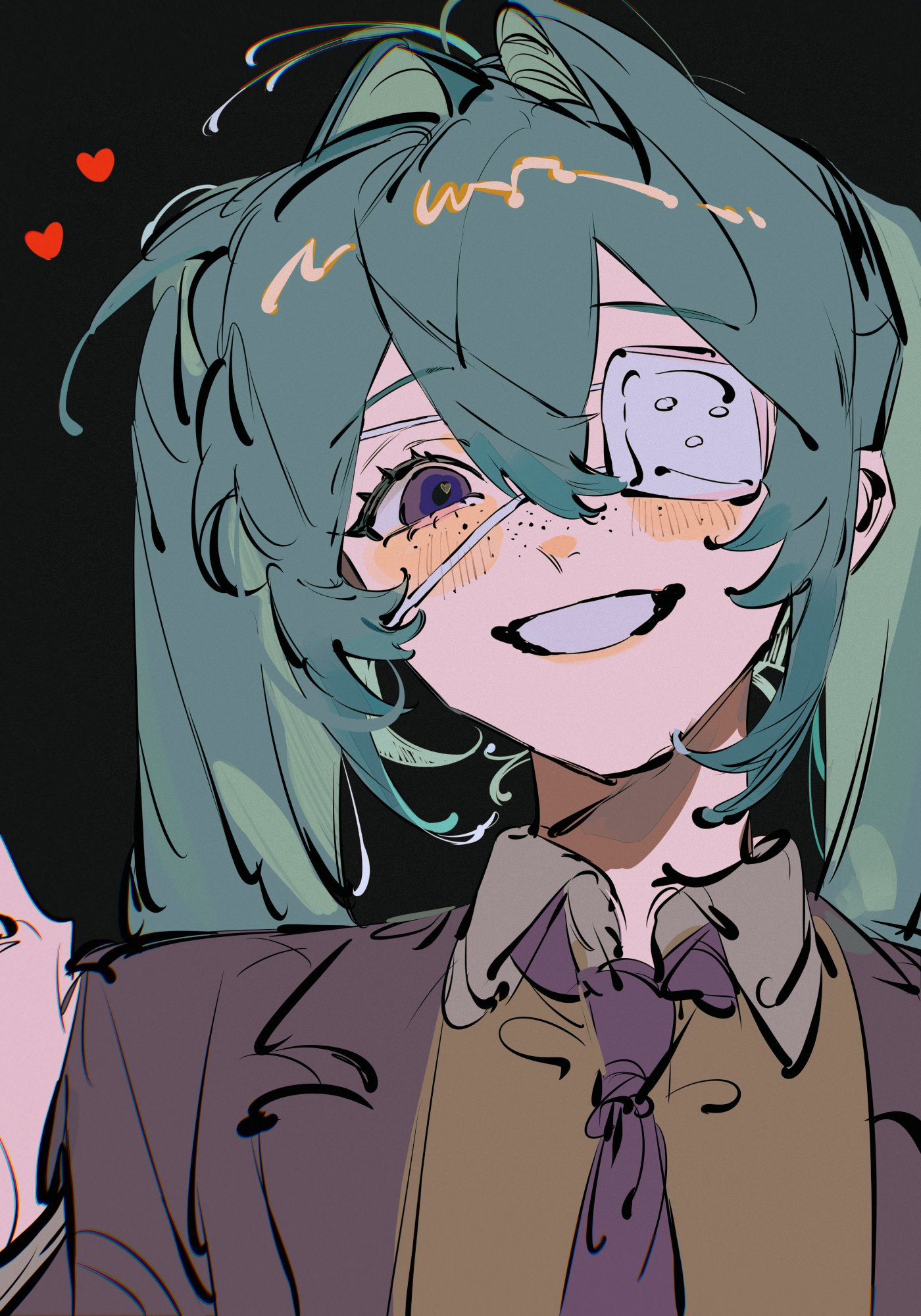 akmizuk, hatsune miku, monitoring (vocaloid), vocaloid, highres, 1girl, black background, brown jacket, brown shirt, brown vest, collared shirt, eyepatch, freckles, green hair, heart, jacket, long hair, medical eyepatch, necktie, open mouth, purple eyes, purple necktie, shirt, simple background, smile, solo, twintails, vest, white mouth