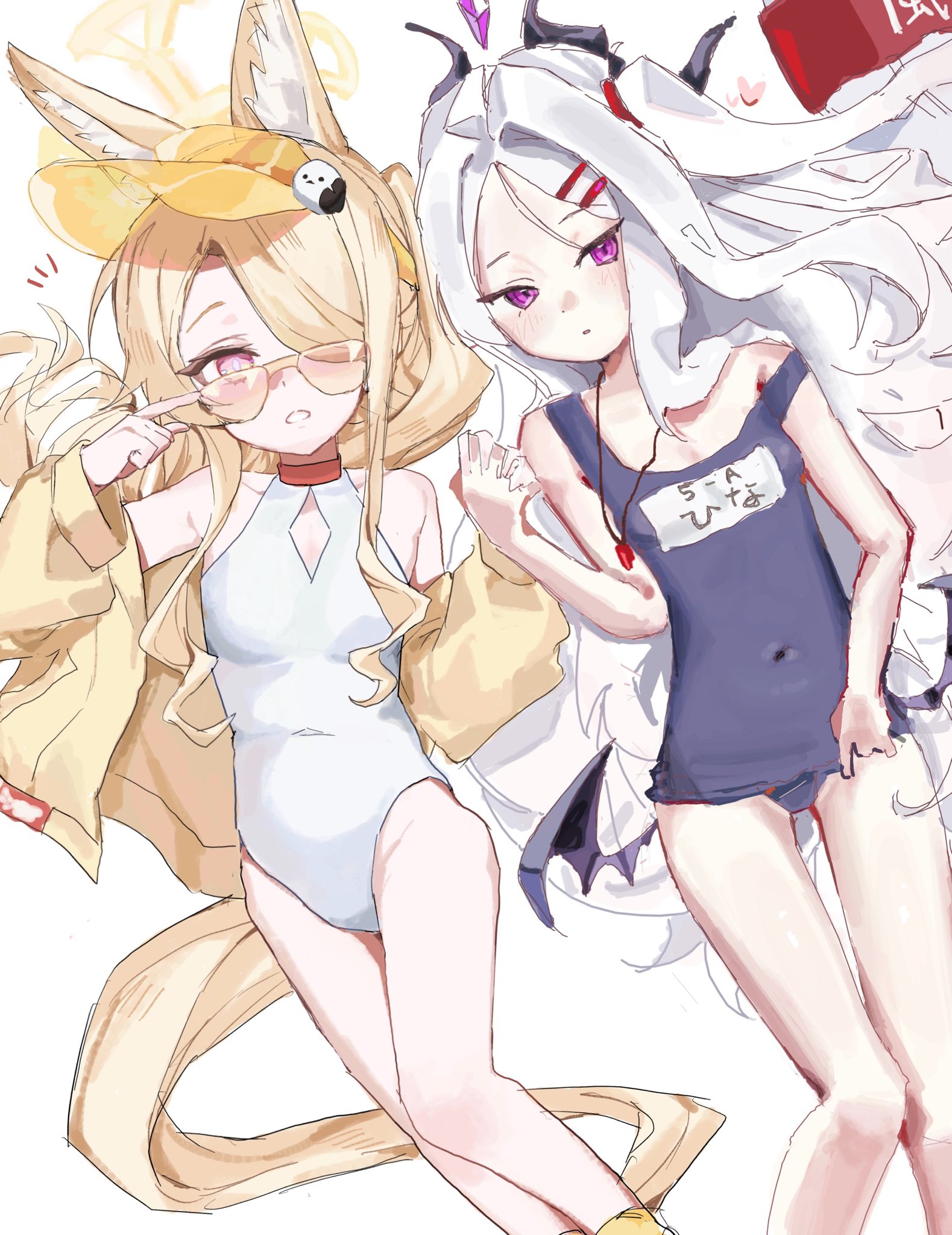 coa (35 seno), hina (blue archive), hina (swimsuit) (blue archive), seia (blue archive), seia (swimsuit) (blue archive), blue archive, highres, 2girls, animal ears, black halo, blonde hair, breasts, demon girl, demon horns, demon wings, fox ears, halo, holding hands, horns, long hair, lying, multiple girls, old school swimsuit, purple eyes, school swimsuit, small breasts, swimsuit, very long hair, white hair, wings