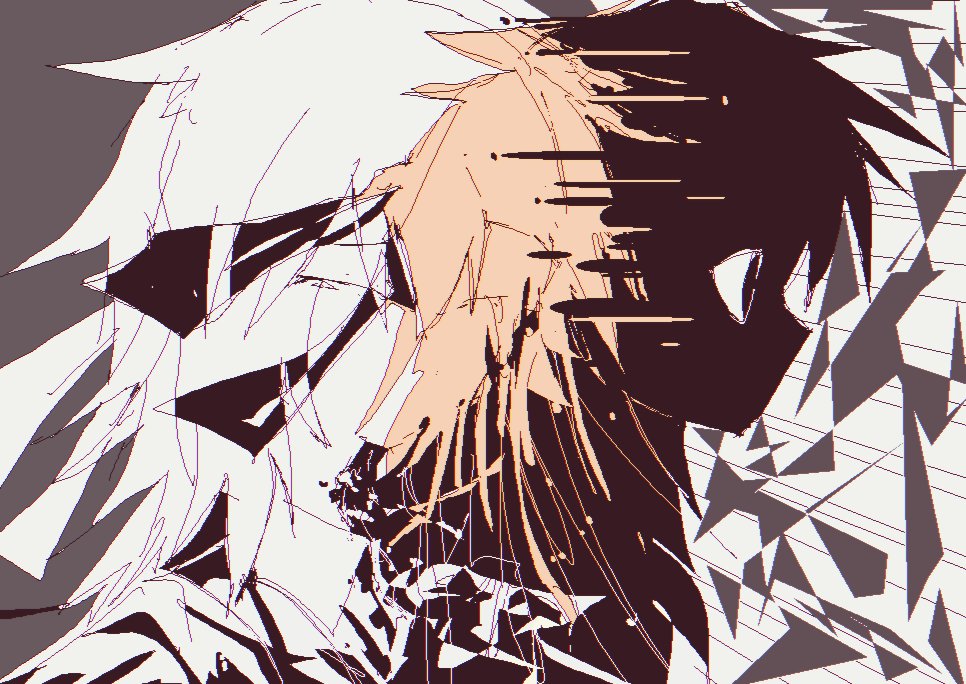 atoymk, kurohebi, len'en, 1other, abstract, afterimage, androgynous, brown hair, coat, collared shirt, from side, greyscale, headband, monochrome, one-hour drawing challenge, open clothes, open coat, other focus, pointy nose, shirt, short hair, solo, spot color, teeth, upper teeth only