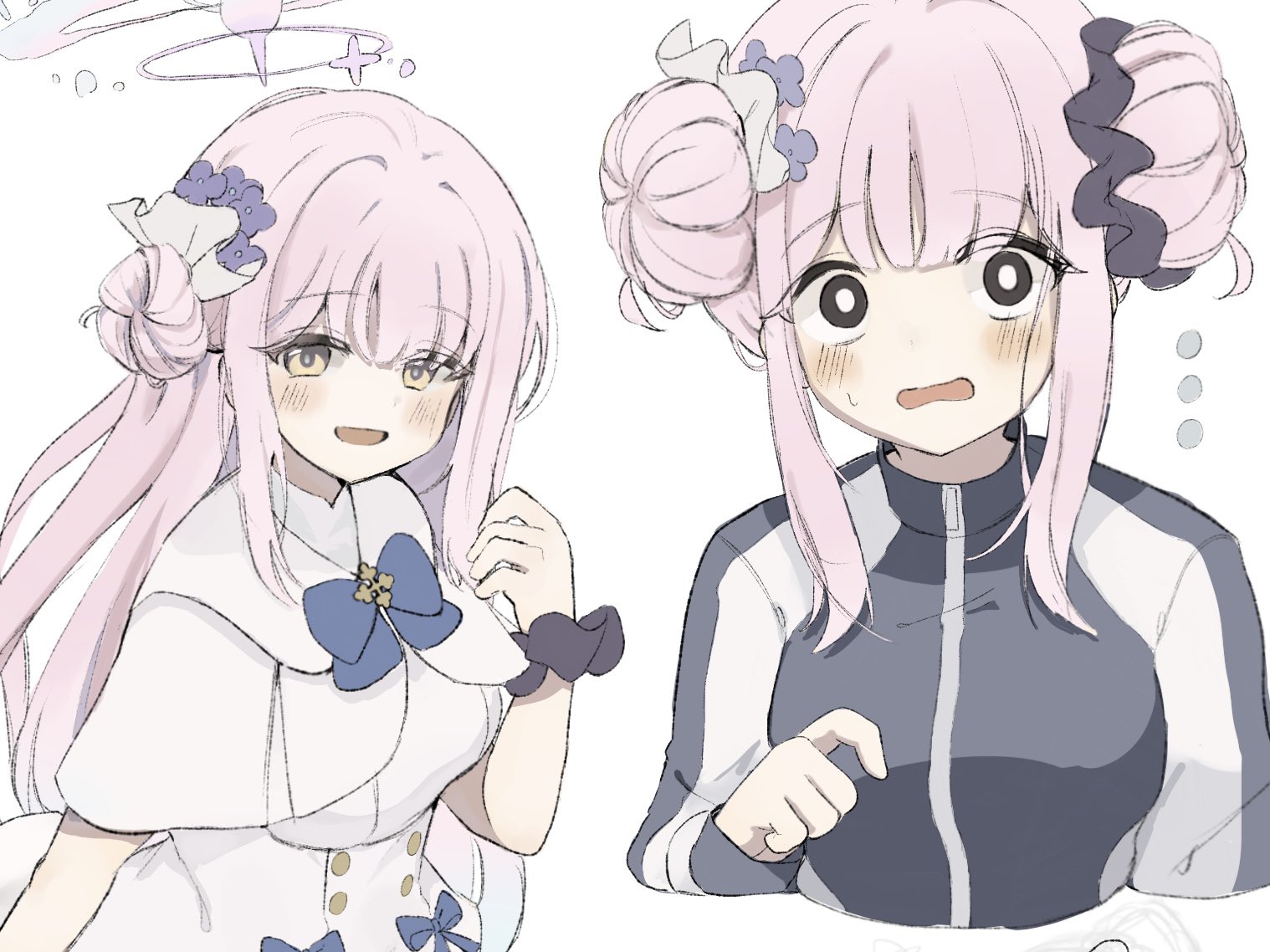 mika (blue archive), mika (track) (blue archive), blue archive, commentary request, …, 1girl, blue bow, blush, bow, breasts, double bun, dress, flower, hair bun, halo, jacket, long hair, lucria, multiple views, open mouth, orange eyes, pink hair, purple flower, scrunchie, simple background, single side bun, track jacket, white background, white dress, wrist scrunchie