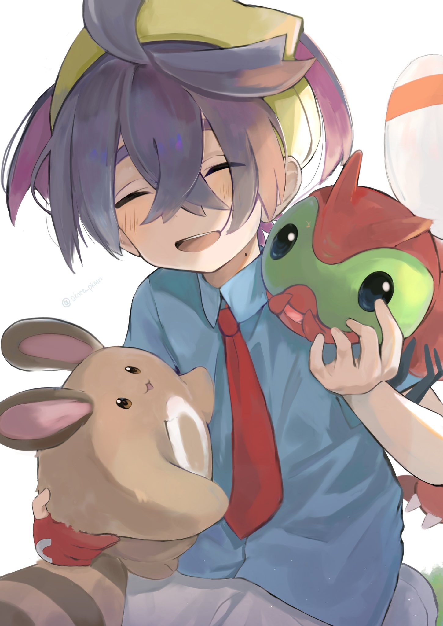 kieran (pokemon), sentret, yanma, nintendo, pokemon, pokemon sv, commentary request, highres, 1boy, ^ ^, black hair, blue shirt, blush, closed eyes, collared shirt, crossed bangs, gen 2 pokemon, gloves, hair between eyes, hairband, holding, holding pokemon, lucria, male focus, mole, mole on neck, multicolored hair, open mouth, partially fingerless gloves, pokemon (creature), purple hair, red gloves, shirt, simple background, single glove, white background, yellow hairband