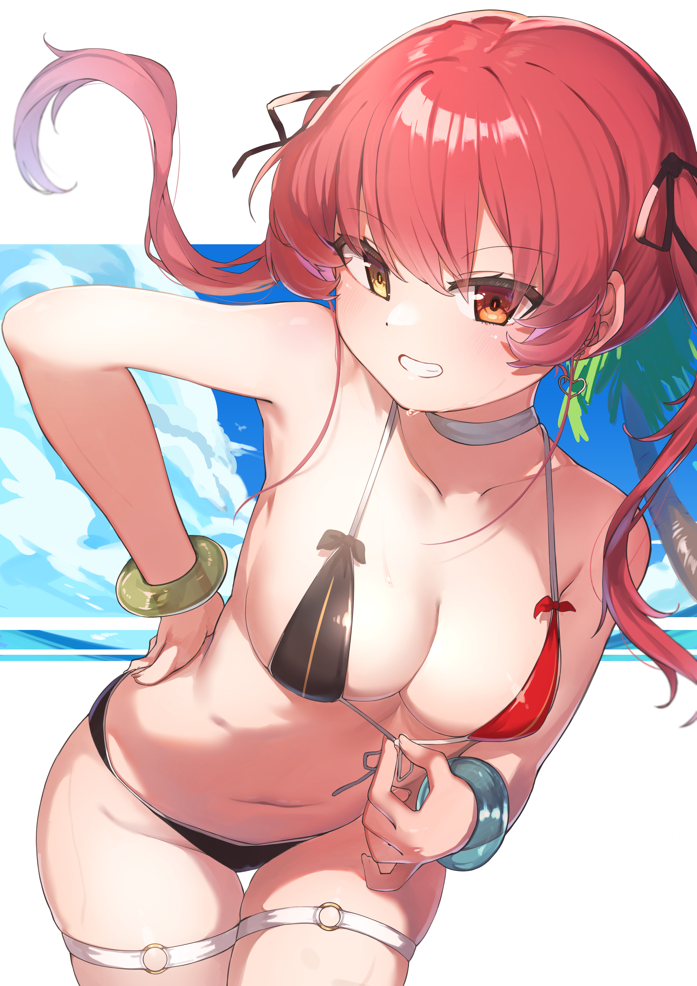deko isu, houshou marine, hololive, absurdres, commentary request, highres, 1girl, armpits, bikini, bikini tug, breasts, cleavage, dot nose, front-tie bikini top, front-tie top, grin, hand on own hip, heterochromia, large breasts, looking at viewer, red eyes, red hair, smile, solo, swimsuit, thigh strap, twintails, virtual youtuber, yellow eyes