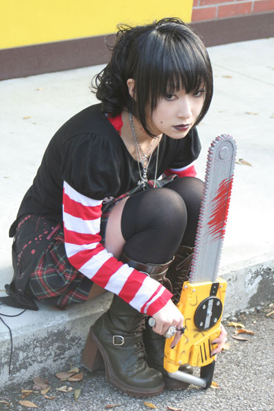 omi gibson, frederica sawyer, black lagoon, striped, photo (medium), asian, boots, chainsaw, cosplay, female focus, frederica sawyer (cosplay), pleated skirt, skirt, thighhighs