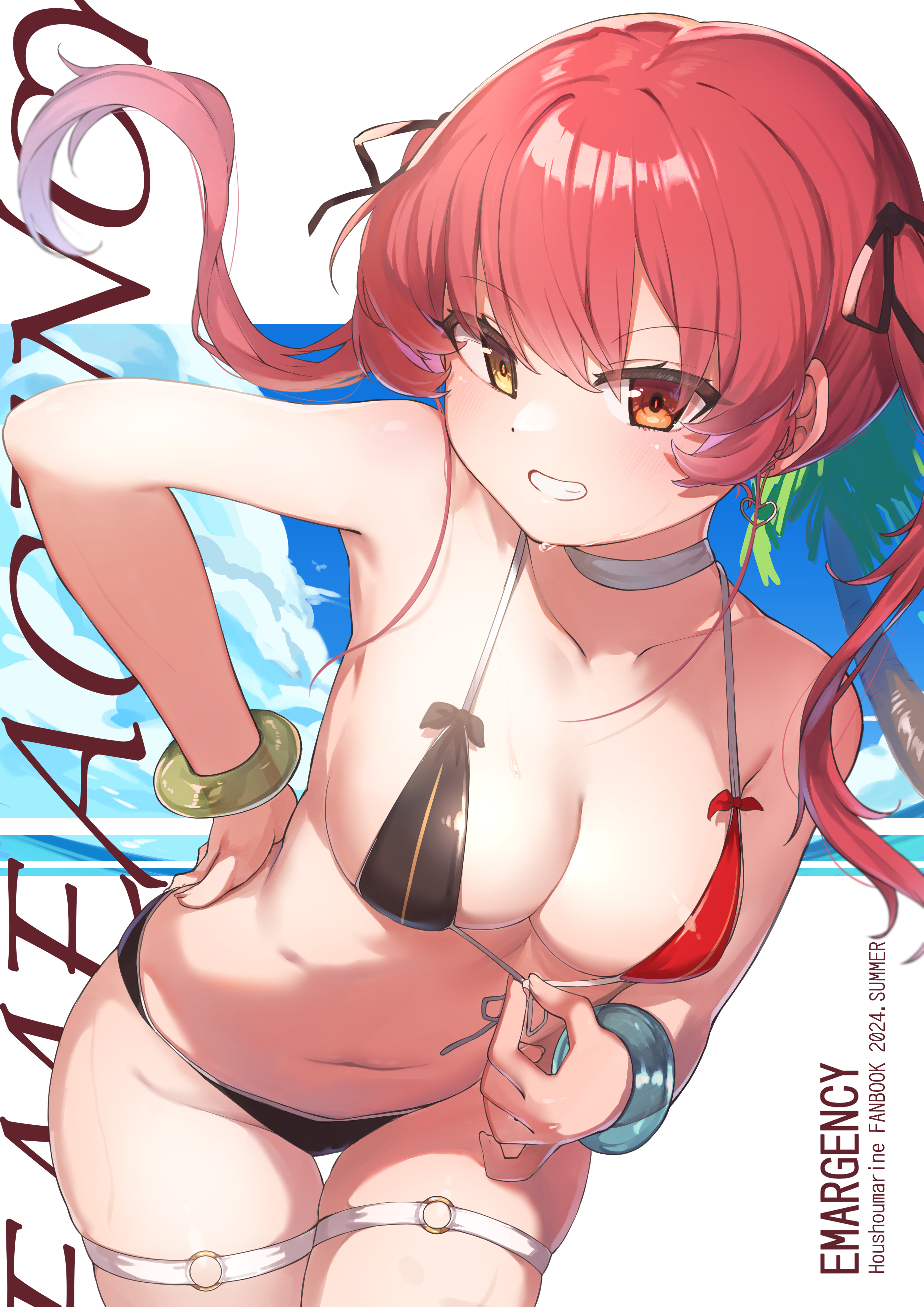 deko isu, houshou marine, hololive, absurdres, commentary request, highres, 1girl, armpits, bikini, bikini tug, breasts, cleavage, dot nose, front-tie bikini top, front-tie top, grin, hand on own hip, heterochromia, large breasts, looking at viewer, red eyes, red hair, smile, solo, swimsuit, thigh strap, twintails, virtual youtuber, yellow eyes