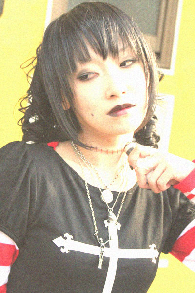 omi gibson, frederica sawyer, black lagoon, striped, photo (medium), 1girl, asian, cosplay, electrolarynx, female focus, frederica sawyer (cosplay), pleated skirt, scar, scar on neck, skirt, solo, voice box