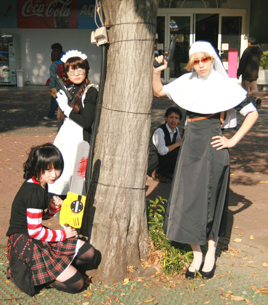 omi gibson, eda (black lagoon), frederica sawyer, ricardo (black lagoon), roberta (black lagoon), black lagoon, striped, model request, photo (medium), 1boy, 3girls, asian, black hair, blonde hair, boots, braid, chainsaw, cosplay, dress, eda (black lagoon) (cosplay), frederica sawyer (cosplay), glasses, gun, hand on own hip, handgun, looking at viewer, maid, multiple girls, nature, nun, opaque glasses, outdoors, pistol, plant, pleated skirt, ricardo (black lagoon) (cosplay), roberta (black lagoon) (cosplay), skirt, sunglasses, thighhighs, tree, twin braids, weapon