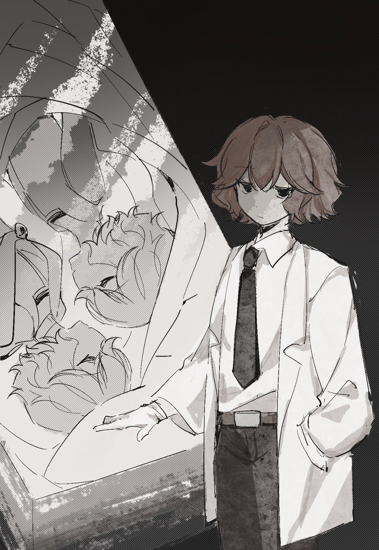 xiao ganju nailuo, arde (len'en), benny (len'en), cine hamal, kuzu suzumi, len'en, highres, 3others, alternate costume, androgynous, bed, belt, belt buckle, black background, black belt, black eyes, black necktie, black pants, brooch, brown hair, buckle, closed eyes, closed mouth, collared shirt, cowboy shot, dress pants, expressionless, eye brooch, eye of senri, hair between eyes, hand in pocket, jacket, jewelry, lab coat, looking at viewer, lying, multiple others, multiple persona, necktie, no headwear, on bed, on side, open clothes, open jacket, other focus, outstretched hand, pants, parted lips, pointy nose, shirt, short hair, simple background, sleeping, sleeveless, sleeveless jacket, sleeveless shirt, standing, white shirt