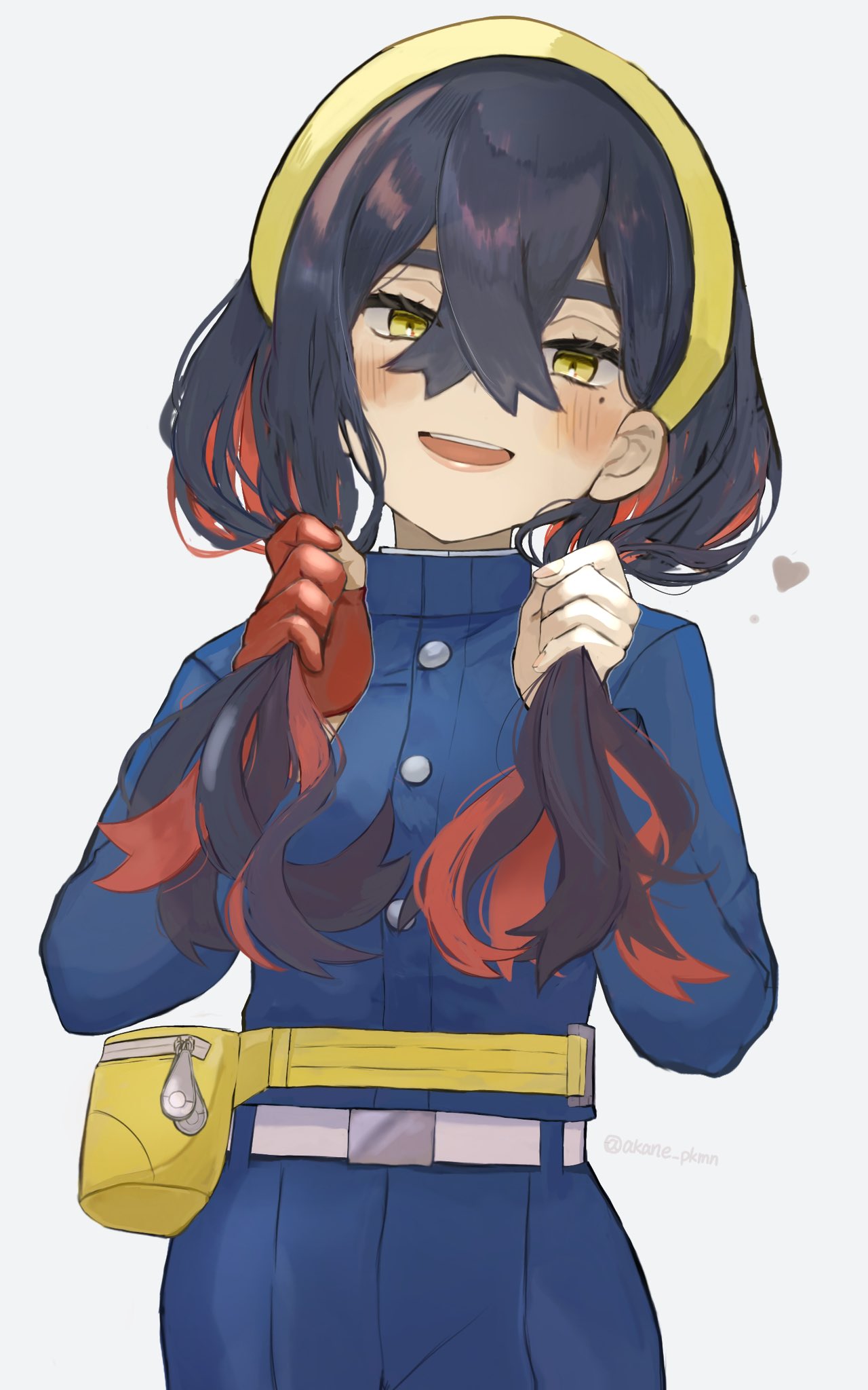 carmine (pokemon), nintendo, pokemon, pokemon sv, highres, 1girl, bag, black hair, blue jacket, blue pants, blush, bunching hair, crossed bangs, eyelashes, gloves, grey background, hair between eyes, hairband, heart, jacket, long hair, long sleeves, looking at viewer, lucria, mole, mole under eye, multicolored hair, open mouth, pants, partially fingerless gloves, red gloves, simple background, single glove, solo, twitter username, yellow bag, yellow eyes, yellow hairband