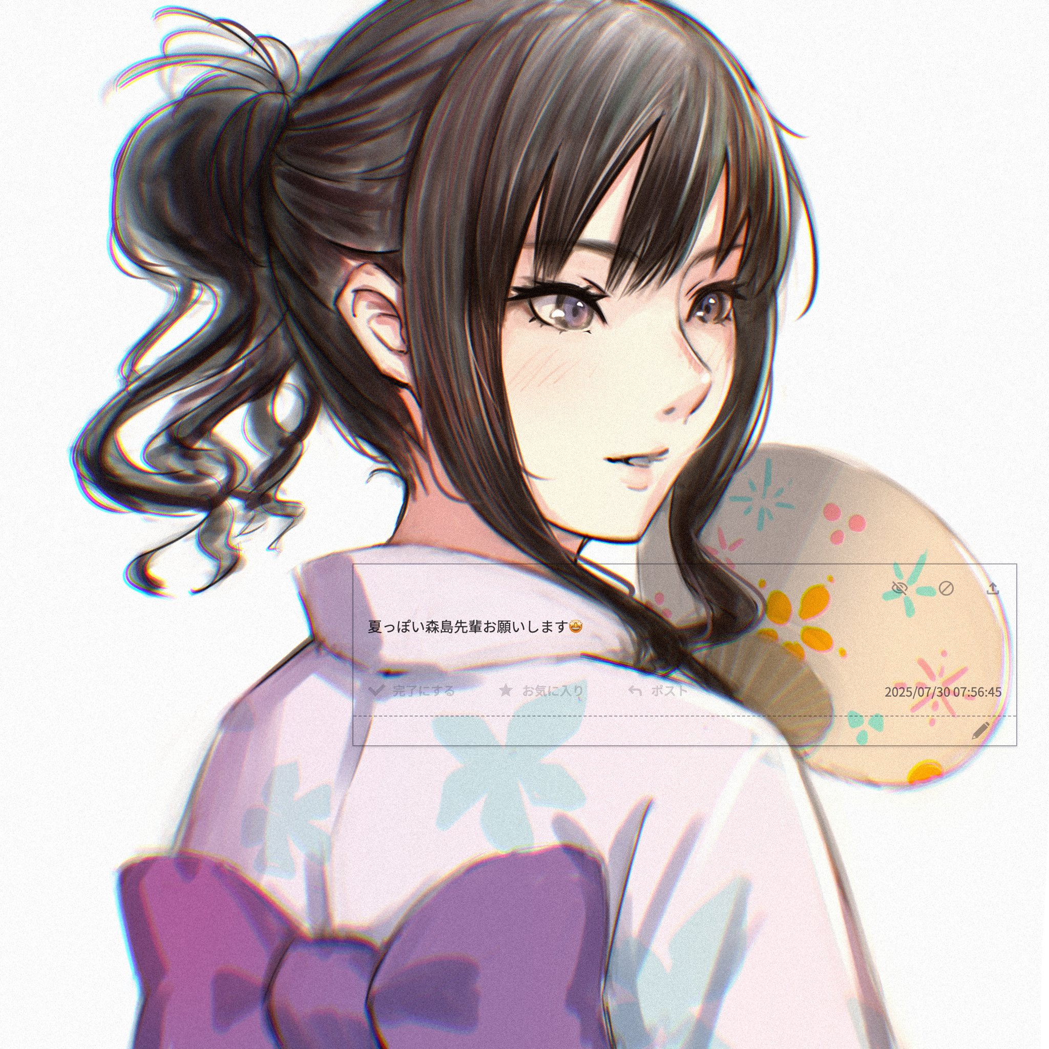 oshizu, morishima haruka, amagami, odaibako, commentary request, highres, translation request, 1girl, alternate costume, alternate hairstyle, black eyes, black hair, curly hair, dated, drill hair, from behind, hair bun, hand fan, japanese clothes, kimono, light blush, lips, looking back, obi, paper fan, parted lips, pink kimono, print kimono, request inset, sash, short hair with long locks, solo, uchiwa, upper body