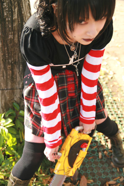 omi gibson, frederica sawyer, black lagoon, striped, photo (medium), asian, boots, chainsaw, cosplay, female focus, frederica sawyer (cosplay), pleated skirt, skirt, thighhighs