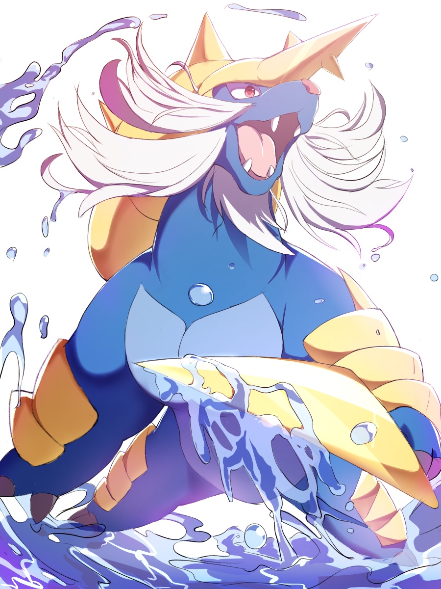 yohhi~i, samurott, nintendo, pokemon, commentary request, highres, gen 5 pokemon, no humans, open mouth, pokemon (creature), red eyes, simple background, solo, water drop, white background