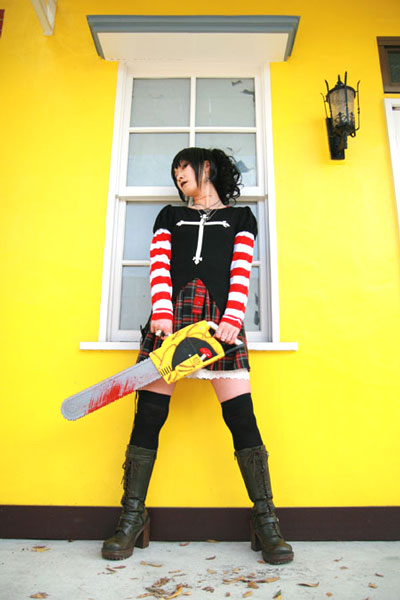omi gibson, frederica sawyer, black lagoon, striped, photo (medium), asian, boots, chainsaw, cosplay, female focus, frederica sawyer (cosplay), goth fashion, pleated skirt, punk, skirt, thighhighs