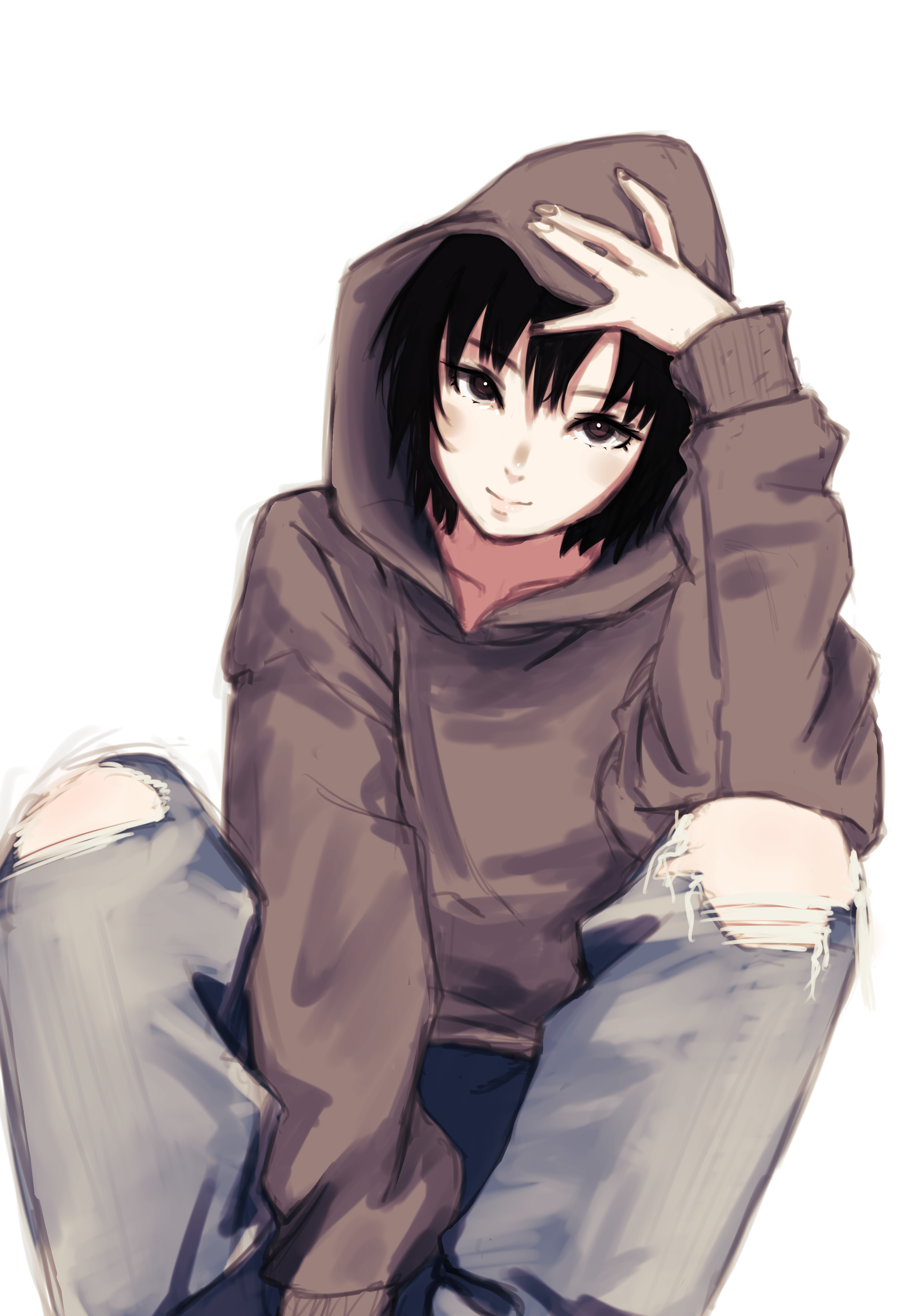 oshizu, nanasaki ai, amagami, absurdres, highres, 1girl, alternate costume, arm between legs, black eyes, black hair, brown hoodie, closed mouth, collarbone, denim, feet out of frame, hand on own head, hand up, hood, hood up, hoodie, jeans, knees up, long sleeves, looking at viewer, pants, short hair, simple background, sitting, solo, torn clothes, torn jeans, torn pants, white background