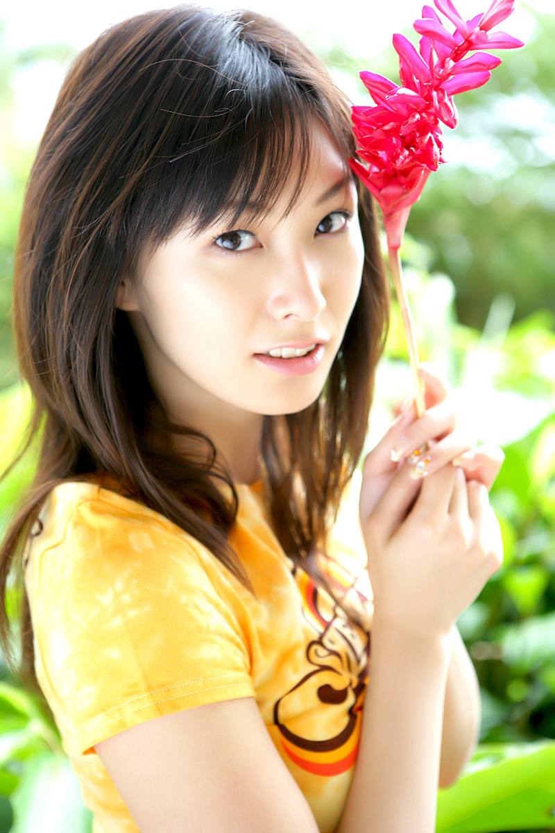 nagasawa nao, nao mail, highres, photo (medium), 1girl, asian, flower, looking at viewer, shirt, t-shirt