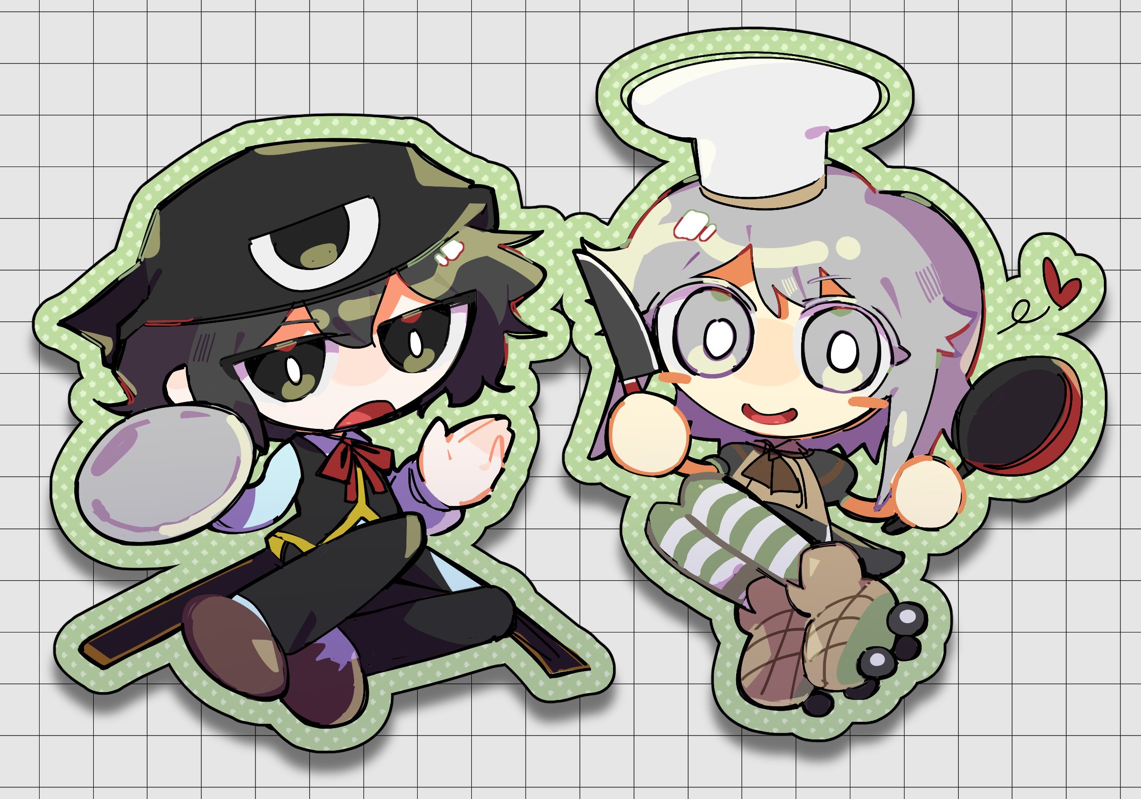 enraku tsubakura, enraku tsubakura (waiter form), houlen yabusame, houlen yabusame (chef form), book of the cafe, len'en, highres, 2others, androgynous, ascot, black eyes, black hair, black headscarf, black pants, black shirt, black skirt, black vest, blue shirt, blush stickers, bright pupils, brown ascot, brown shoes, brown vest, chibi, coattails, collared shirt, colored eyelashes, dress shoes, expressionless, eye of senri, eyes visible through hair, frown, frying pan, green outline, green pantyhose, grey eyes, grey hair, grid background, hair between eyes, happy, hat, headscarf, heart, holding, holding frying pan, holding knife, holding plate, jitome, knife, long sleeves, messy hair, mini chef hat, miniskirt, multiple others, neck ribbon, official alternate costume, open mouth, other focus, outline, outstretched hand, pants, pantyhose, plate, polka dot outline, puffy long sleeves, puffy short sleeves, puffy sleeves, red ribbon, renkonn umum, ribbon, roller skates, shadow, shirt, shoes, short hair with long locks, short sleeves, sidelocks, sitting, skates, skirt, smile, striped clothes, striped pantyhose, tareme, two-tone pantyhose, vest, white background, white hat, white pantyhose, white pupils