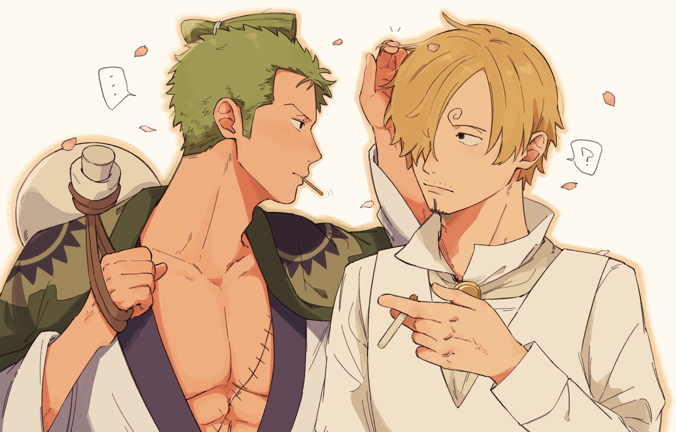 iqracha, roronoa zoro, sanji (one piece), one piece, commentary, highres, …, 2boys, ?, adam's apple, ascot, blonde hair, cigarette, closed mouth, collarbone, curly eyebrows, facial hair, goatee, gourd, green hair, hair over one eye, long sleeves, looking at another, male focus, multiple boys, mustache stubble, shirt, short hair, sideburns, simple background, smoking, spoken ellipsis, spoken question mark, stitched torso, stitches, stubble, toned, toned male, upper body, white ascot, white shirt, yaoi