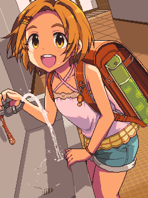 lillithlauda, ryuzaki kaoru, idolmaster, idolmaster cinderella girls, 1girl, backpack, bag, bare shoulders, brown hair, collarbone, criss-cross halter, denim, denim shorts, faucet, halterneck, looking at viewer, open mouth, pixel art, randoseru, red bag, school, short shorts, shorts, solo, thighs, water, yellow eyes