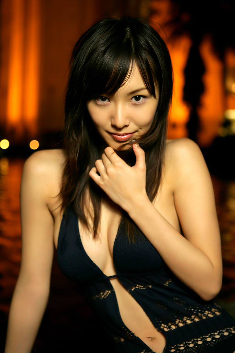 nagasawa nao, nao mail, highres, photo (medium), 1girl, asian, black eyes, black hair, canal, female focus, looking at viewer, monokini, night, outdoors, solo