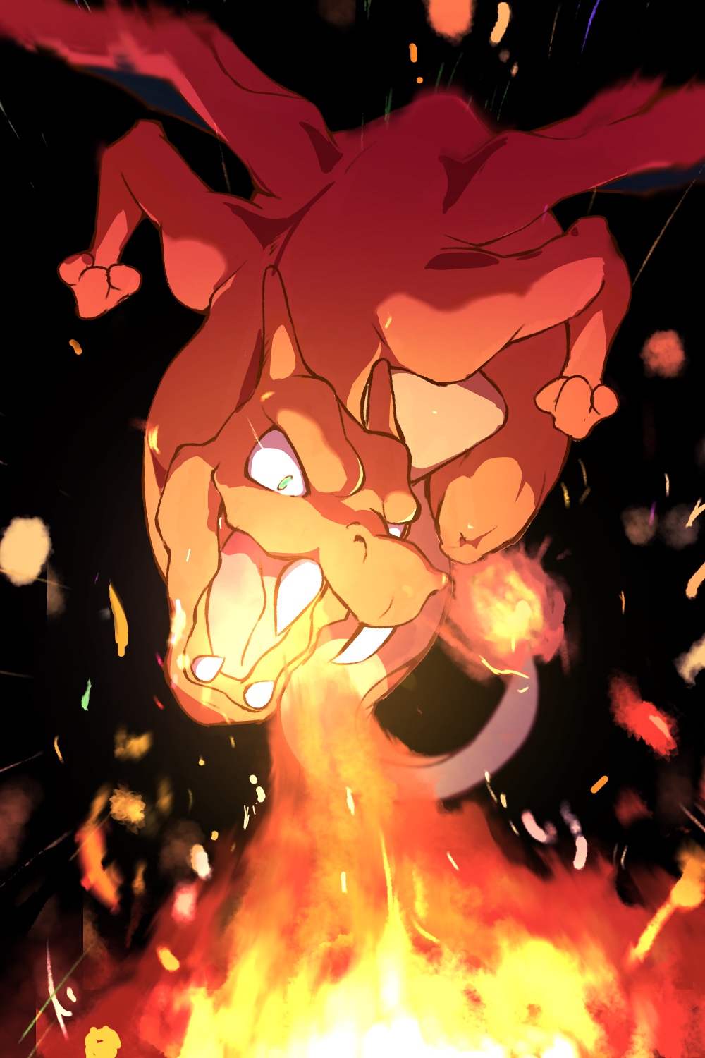 yohhi~i, charizard, nintendo, pokemon, commentary request, highres, black background, breath weapon, breathing fire, embers, fire, flame-tipped tail, gen 1 pokemon, motion lines, no humans, open mouth, pokemon (creature), solo, tail